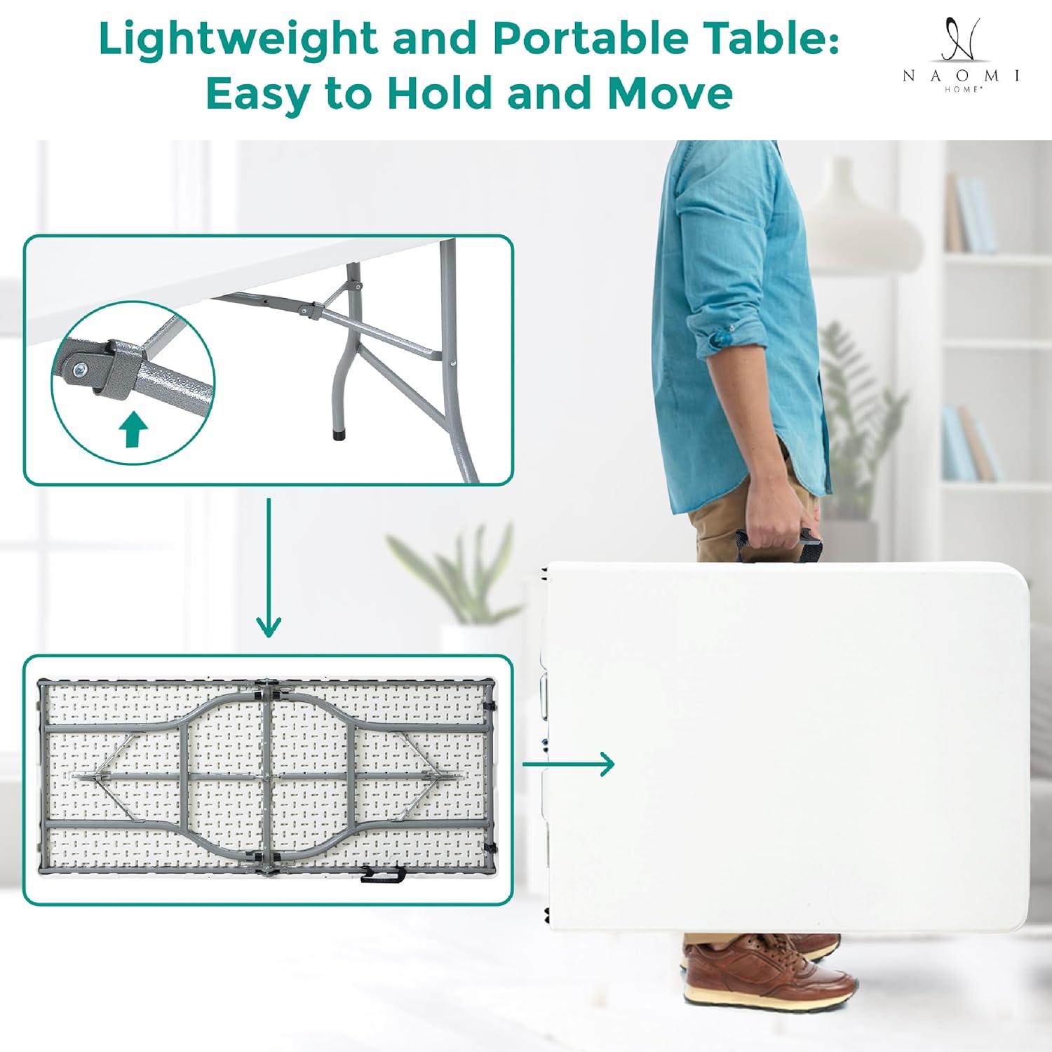 6ft Folding Table Multipurpose Foldable Dinner Table Portable Folding Rectangular Resin Table for Outdoor Camping Picnic Party by Naomi Home - White