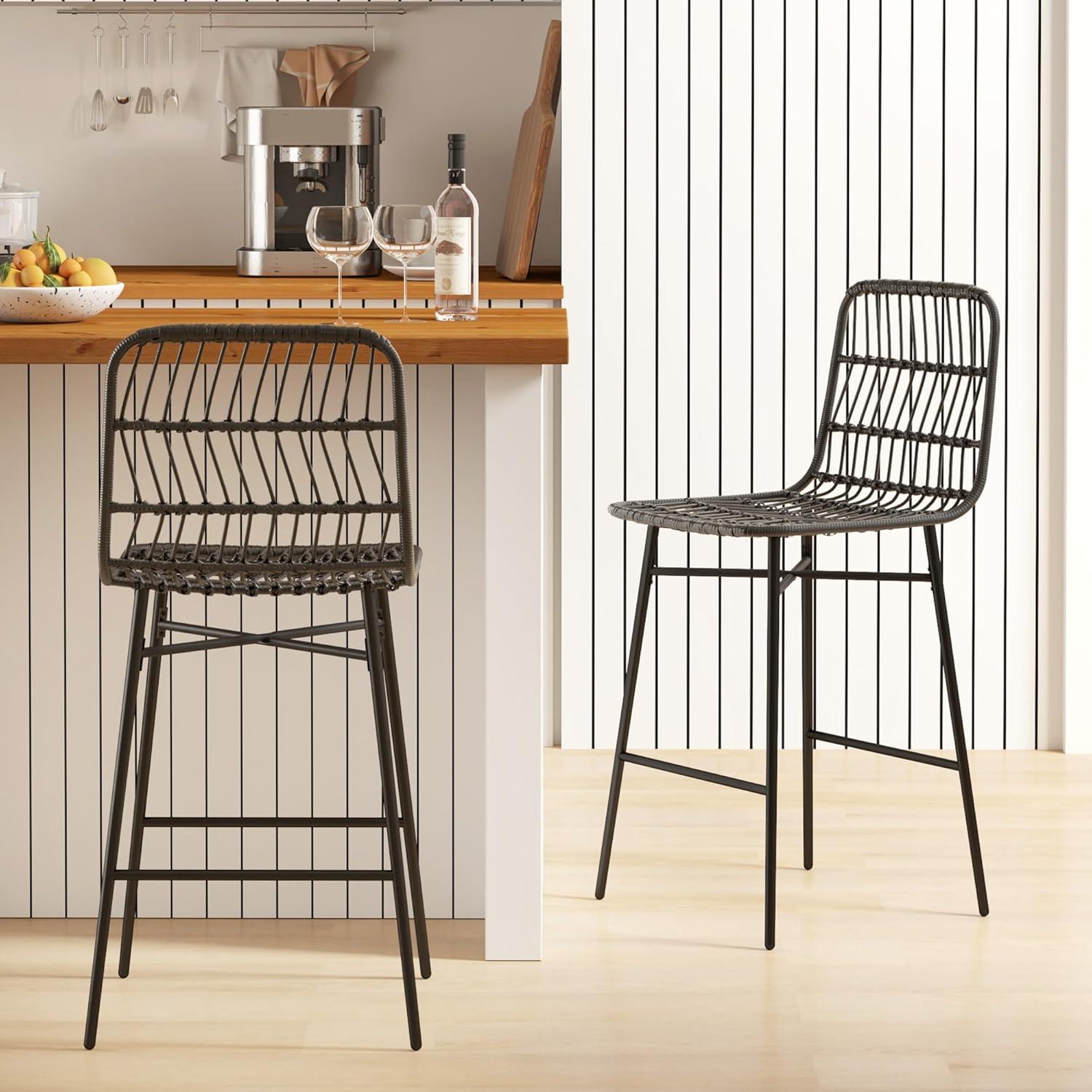 HOMCOM Rattan Counter Height Bar Stools Set of 2 Barstools with Back, Black