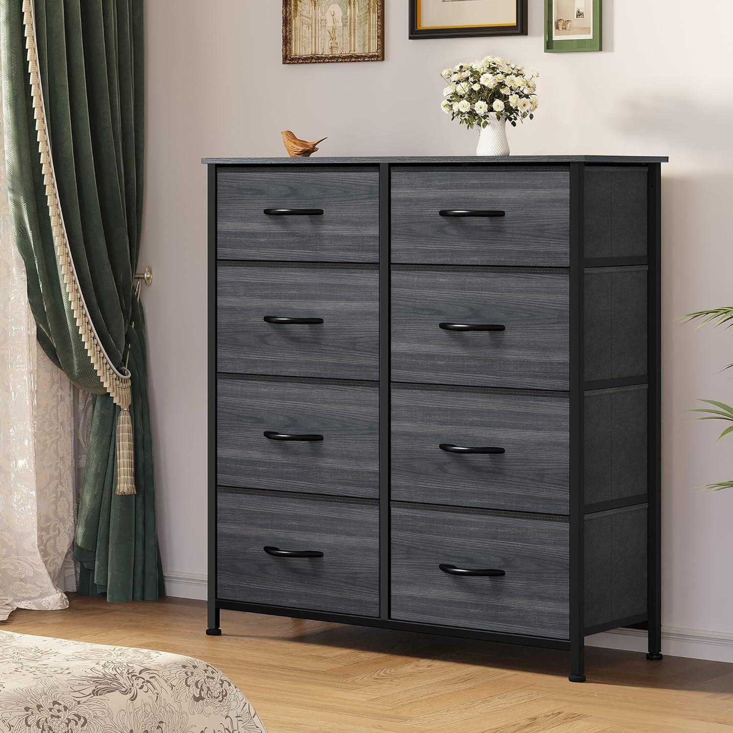 Black Wood Grain 8-Drawer Tall Storage Dresser with Adjustable Feet