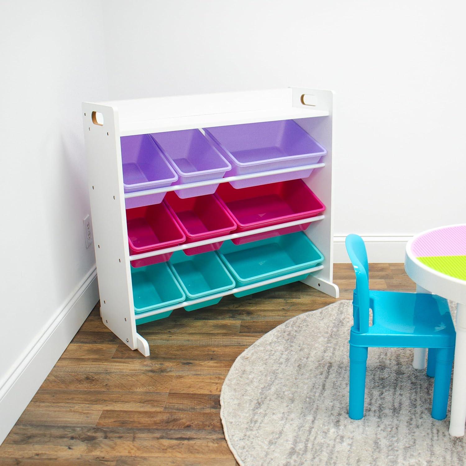 White Rectangular Kids Toy Storage Organizer with Colorful Bins