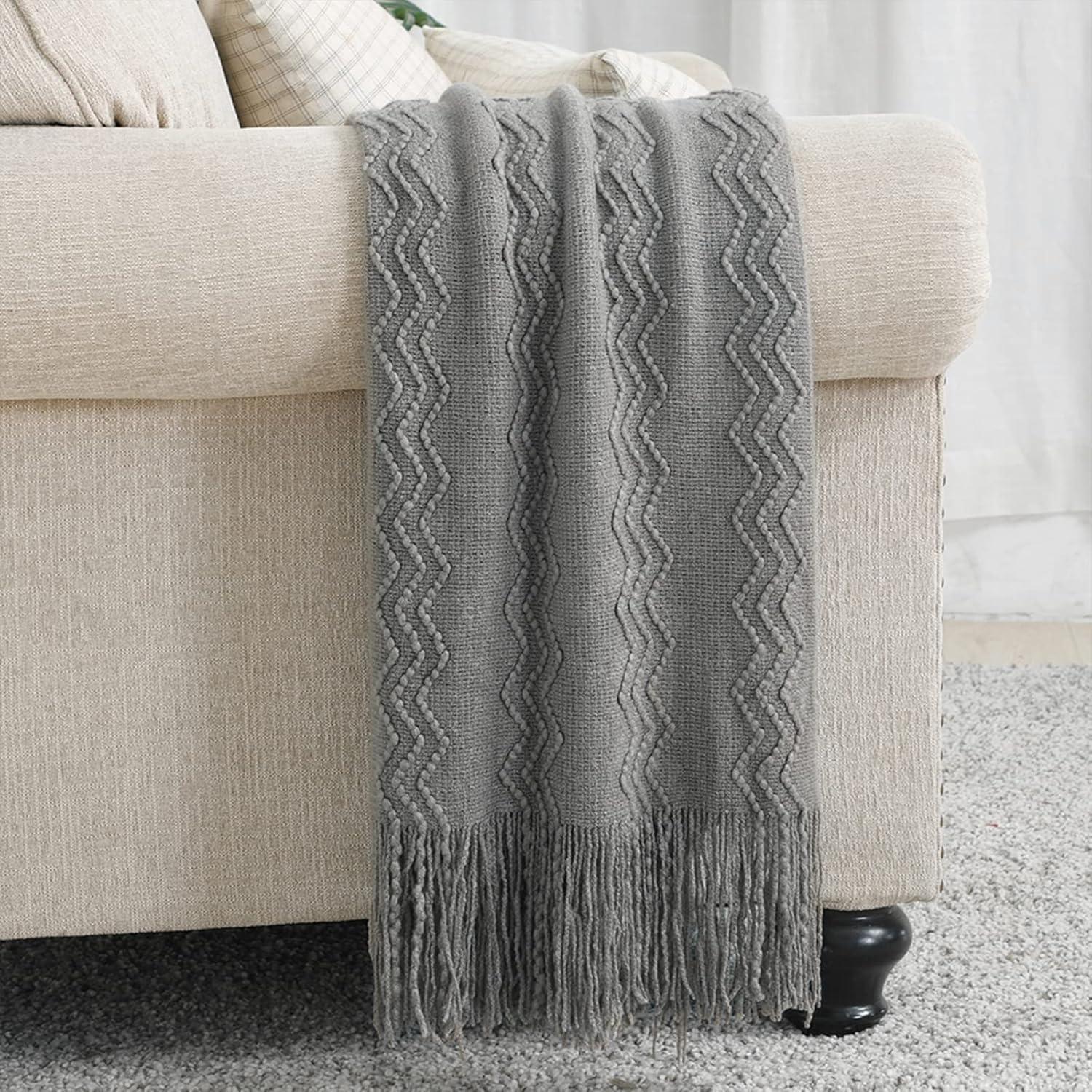 Gray Knitted Acrylic Throw Blanket with Fringe, 50" x 60"