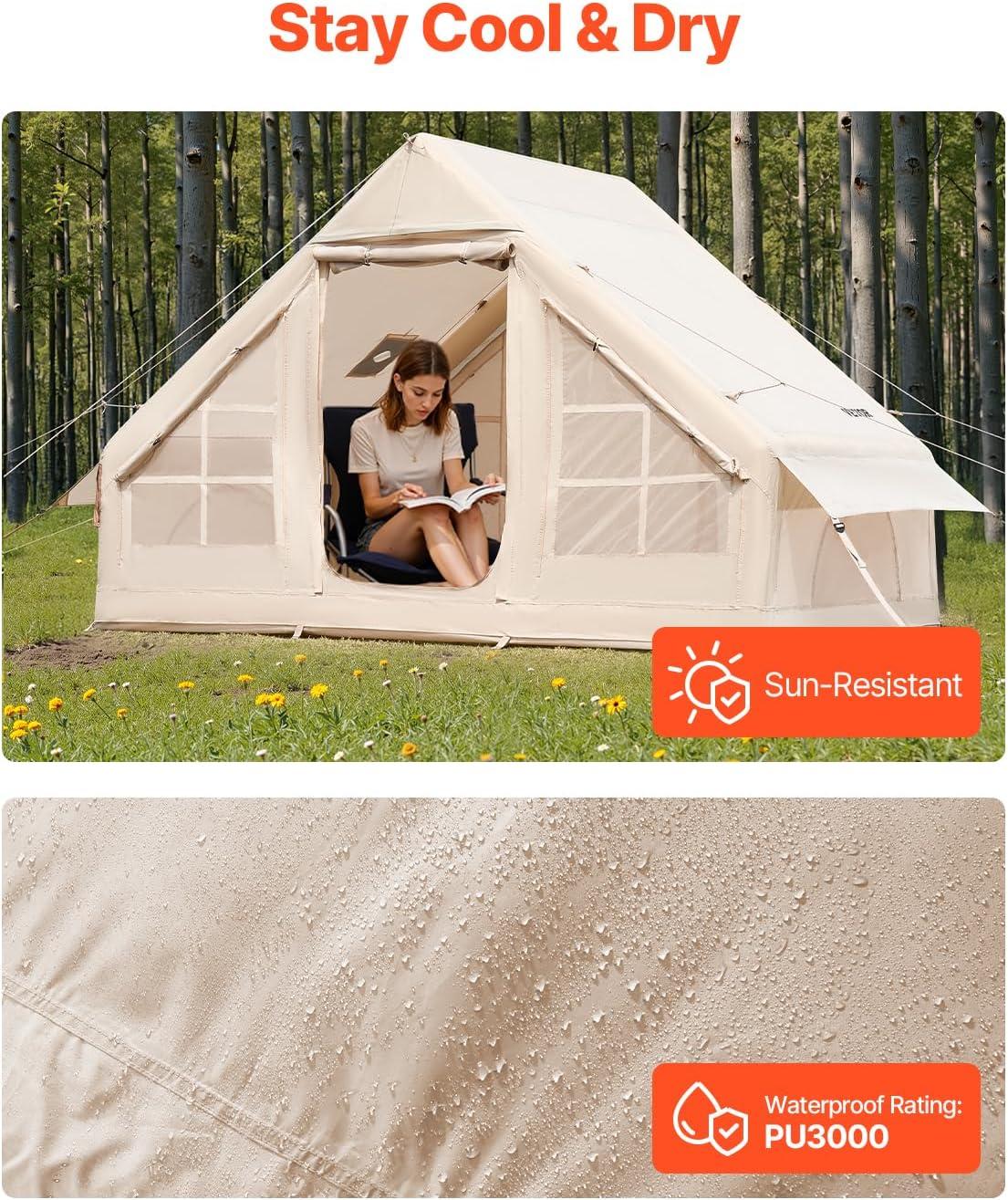VEVOR Inflatable Tents for Camping, Easy Setup Blow up Tent with Hand Pump, 4 Season Glamping Tent with Stove Jack, Doors & Mesh Windows, Storage Bag Included for Easy Taking