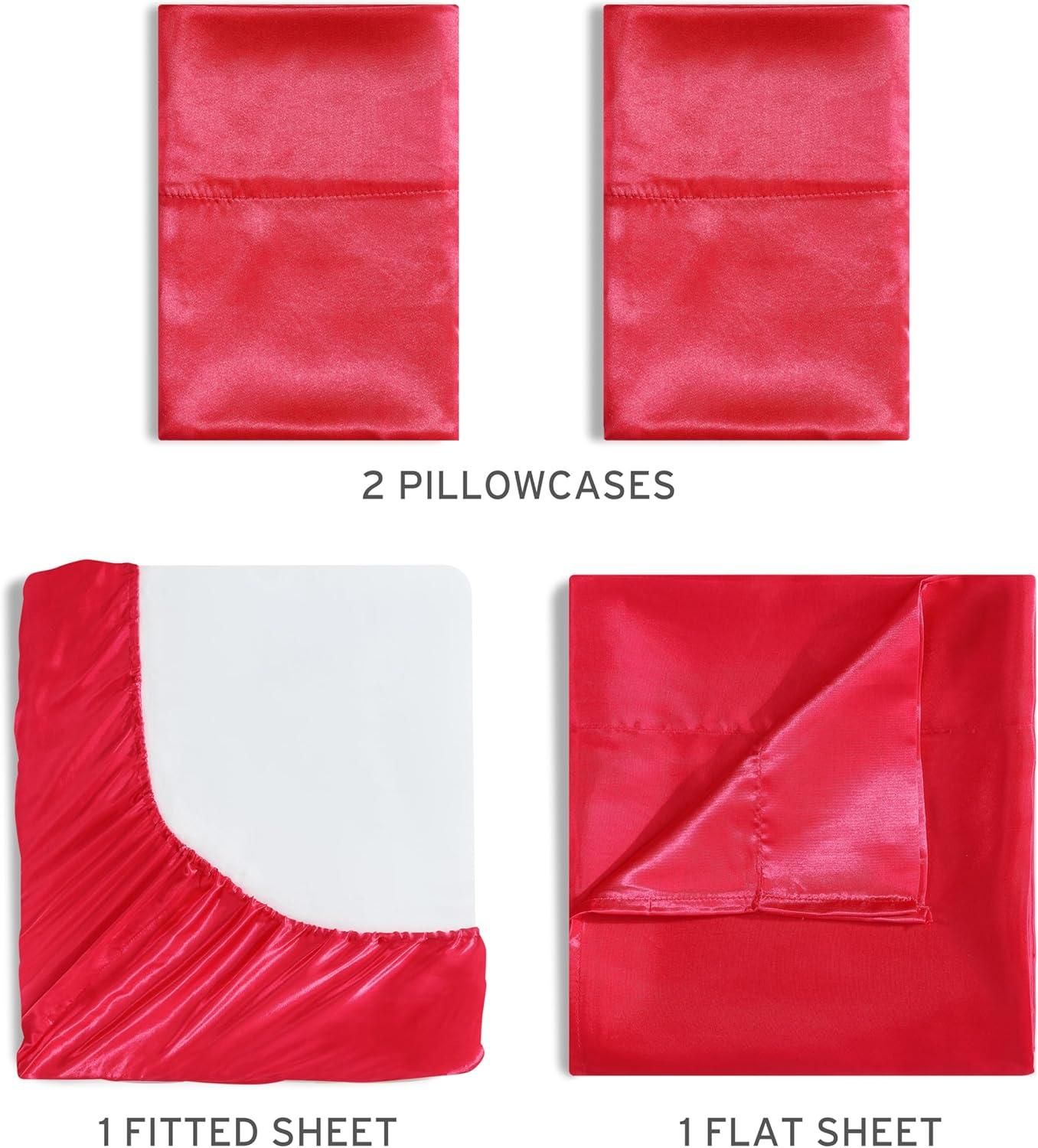 Luxurious Red Satin Polyester Full Sheet Set