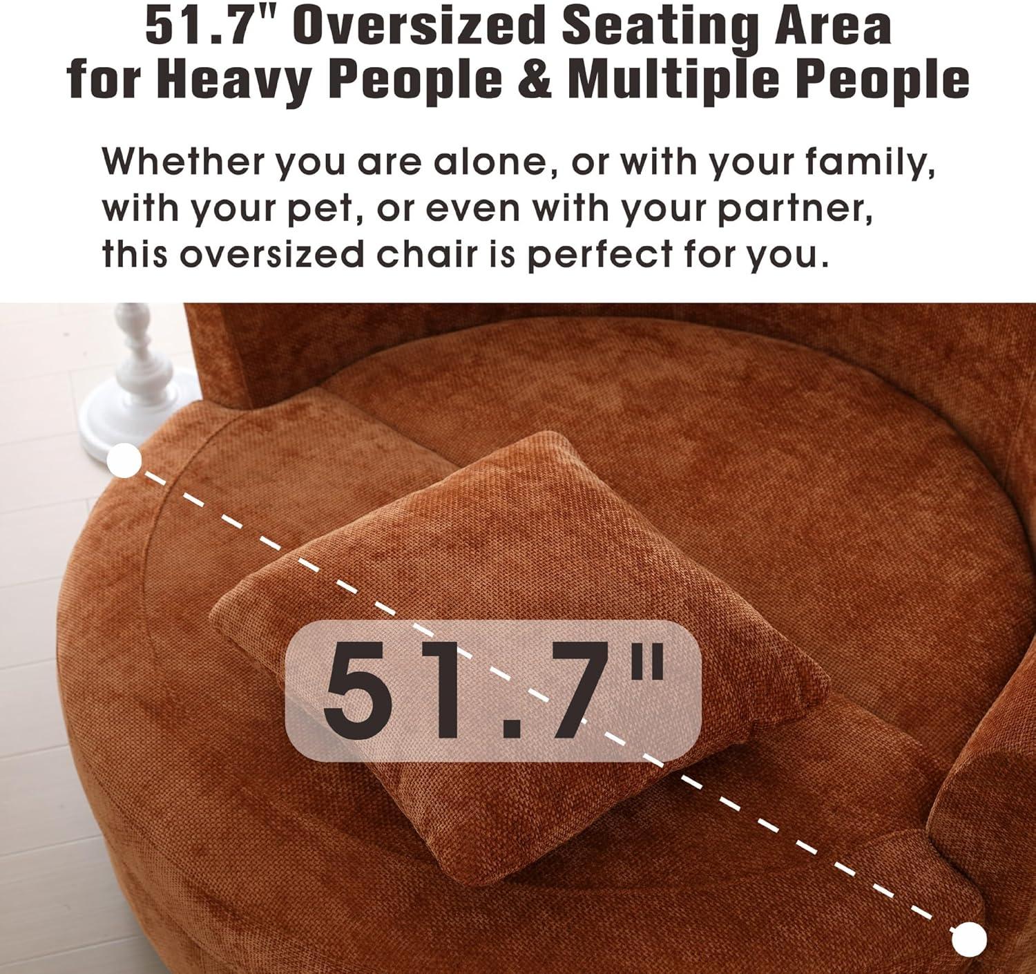 Sinzho & Wiyfun 59.8" W Upholstered Oversized Round Barrel Chair Extra Large Accent Chair with Half Moon Storage Ottoman & Wheels & 5 Pillows for Living Room, Knitted Chenille Fabric, Burnt Orange