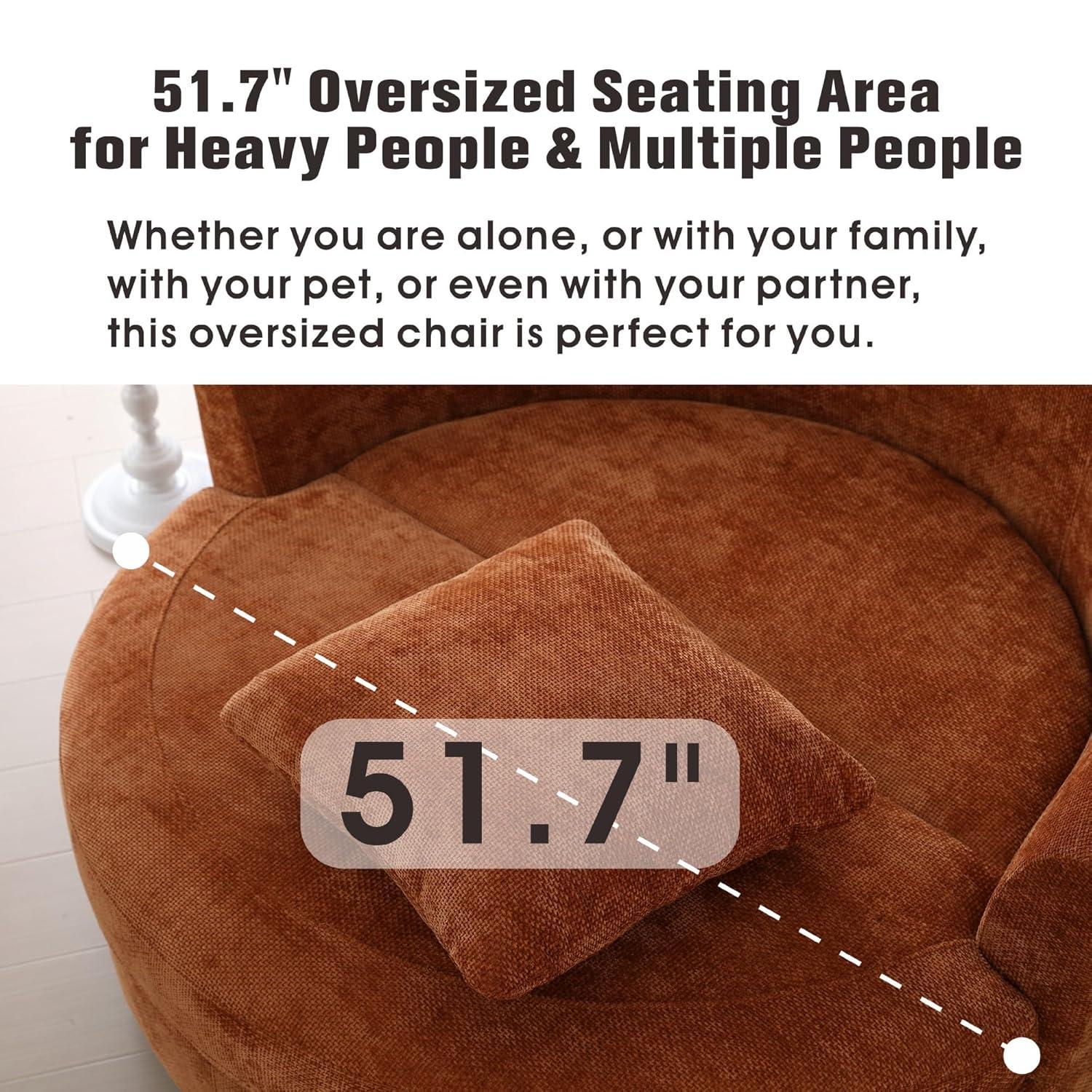 Sinzho & Wiyfun 59.8" W Upholstered Oversized Round Barrel Chair Extra Large Accent Chair with Half Moon Storage Ottoman & Wheels & 5 Pillows for Living Room, Knitted Chenille Fabric, Burnt Orange