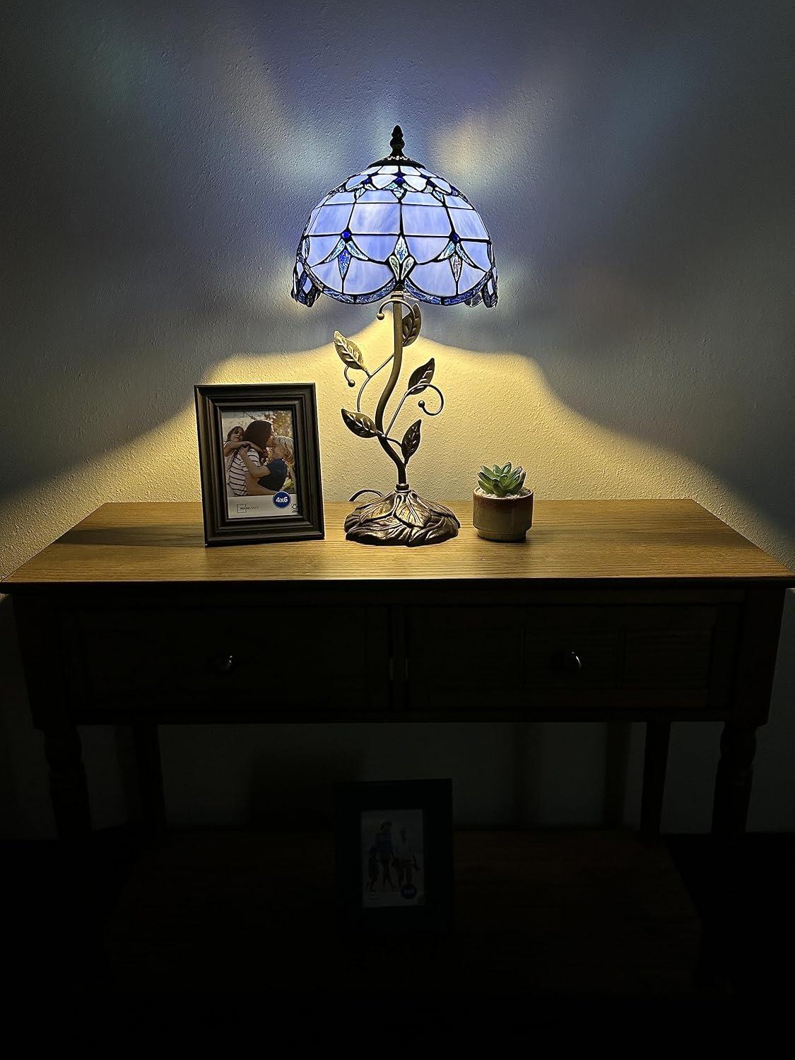 Tiffany Table Lamp Blue Stained Glass Baroque Style Lavender Iron Metal Leaves Bronze Base Included LED Bulb for Living Room Bedroom Bedside 10"W*10"D*20"H