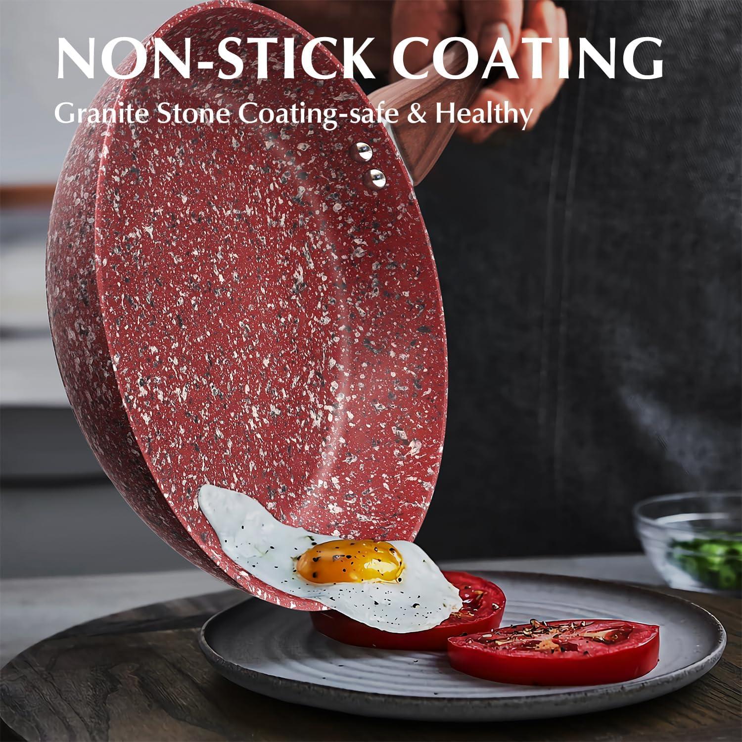 8" Red Aluminum Non-Stick Frying Pan with Ceramic Coating and Lid