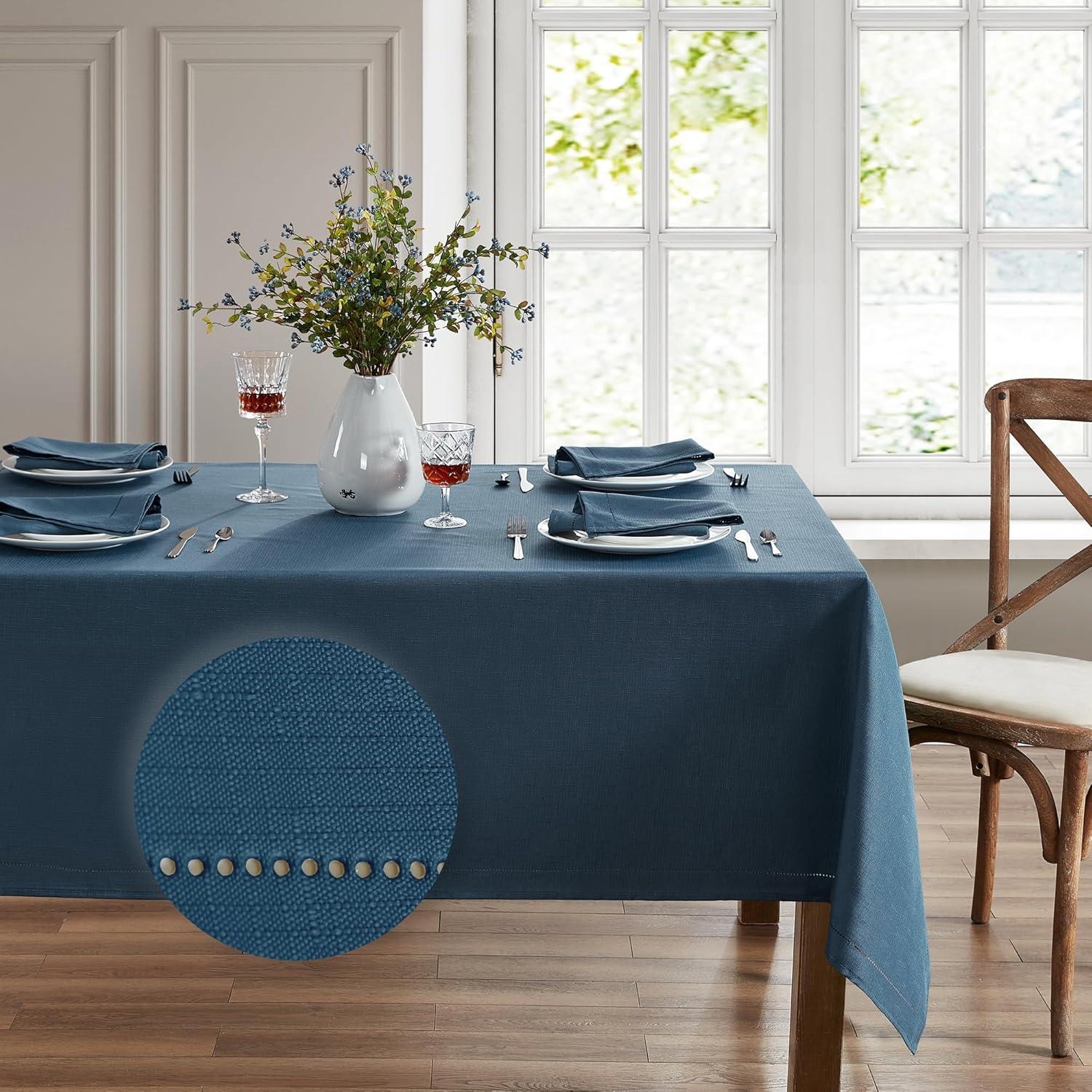 Alison Eyelet Punched Border Fabric Tablecloth - 52" x 52" Square - Copen Blue - Elrene Home Fashions