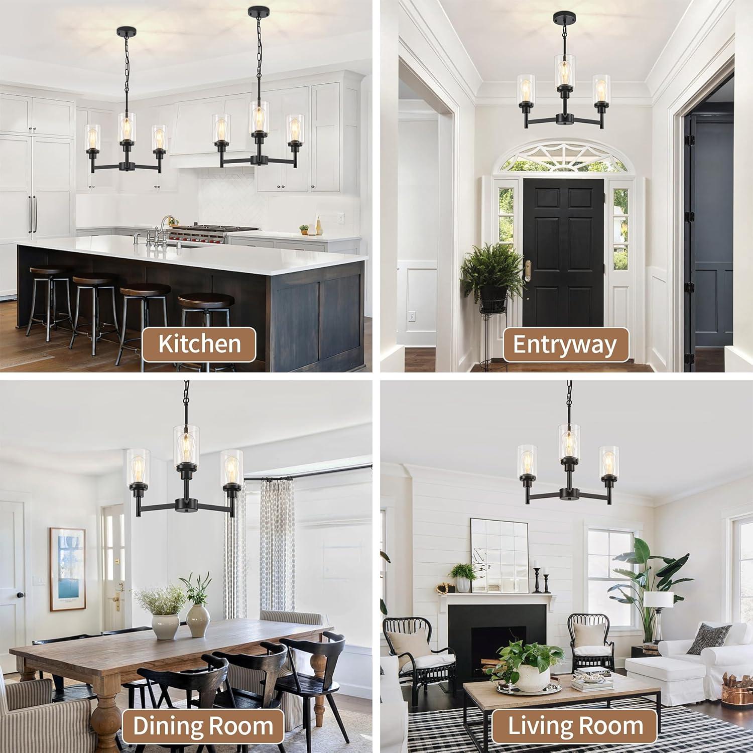 Black Chandelier for Dinning Room Living Room Island Kitchen Chandelier Light Fixtures Over Table, 3 Light Farmhouse Chandelier with Cylinder Clear Glass, Height Adjustable