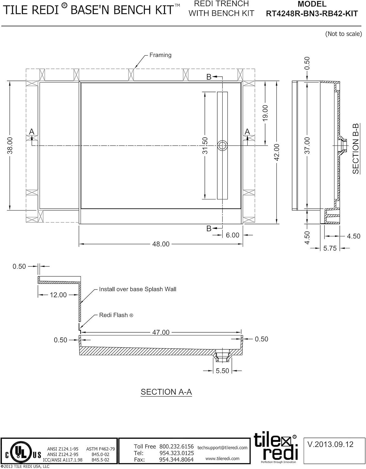 Tile Redi Rt4248r-3-Rb42-Kit Base'n Bench 42" X 48" Rectangular Shower Base - Nickel