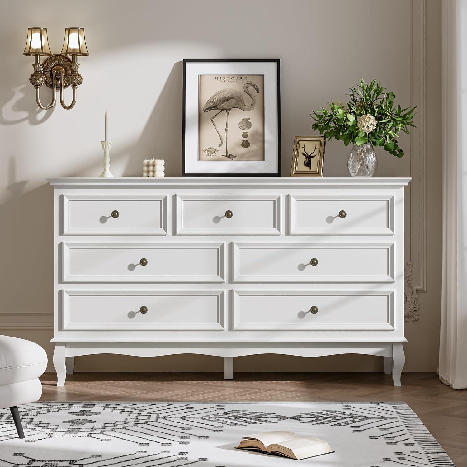 RoyalCraft White Fluted 6 Drawer Dresser for Bedroom, Modern Chest of Drawers, Wood Dresser for Storage Clothes, Wooden Storage Cabinet for Bedroom, Hallway, Living Room, Entryway