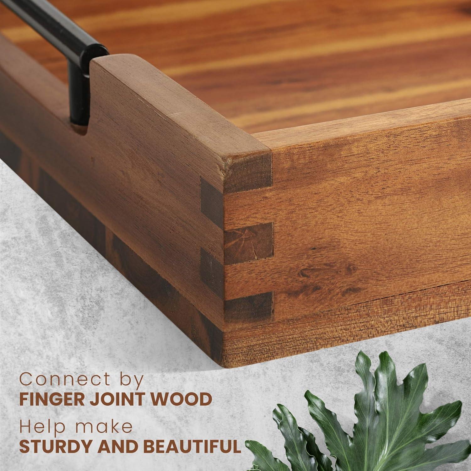 Ottoman Tray, 16.5"x12.5"x2.5" Acacia Wood Serving Tray with Black Metal Handles, Great for Ottoman Tray, Food Tray, Breakfast Tray, Eating Tray