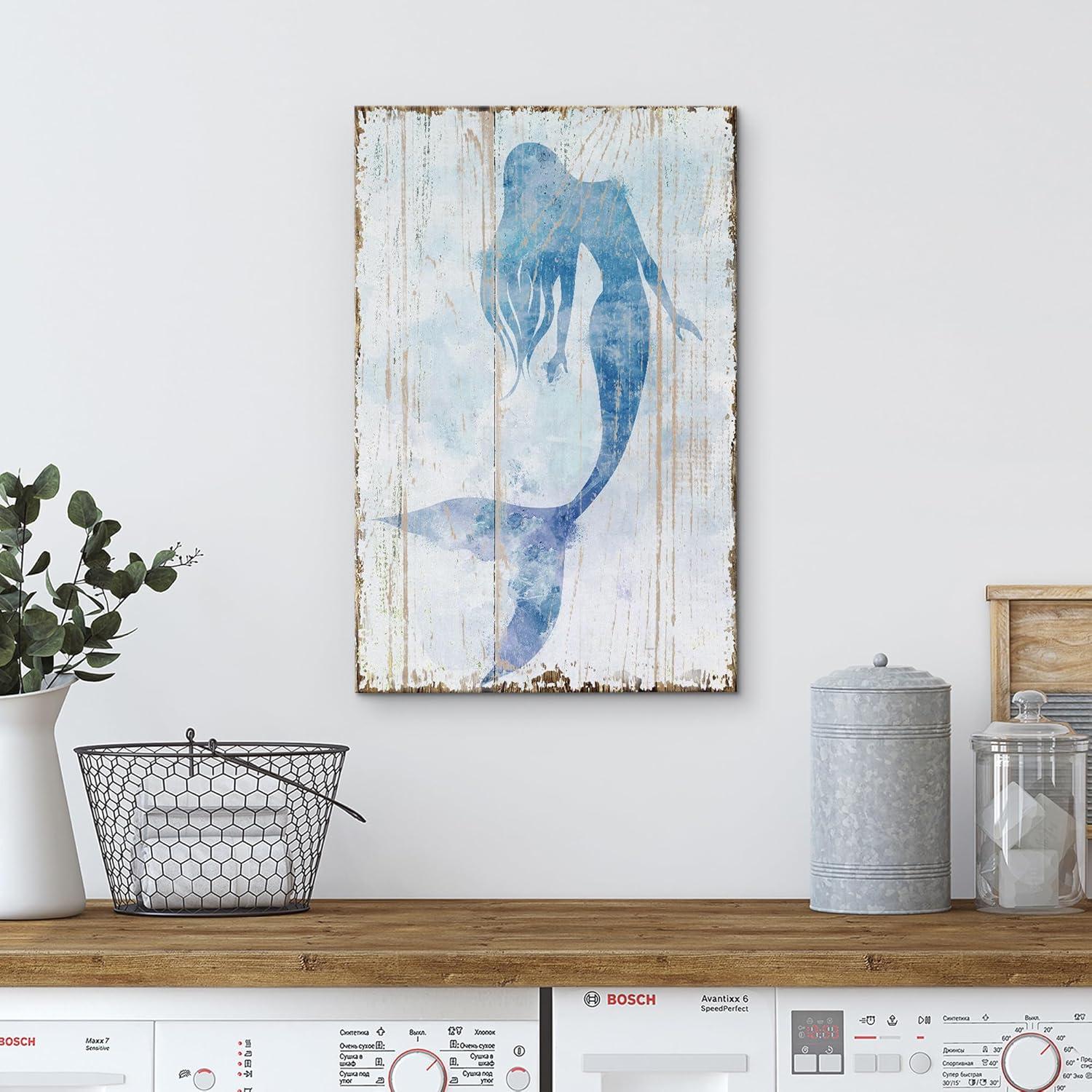 wall26 Canvas Print Wall Art Mermaid Swimming on Watercolor Wood Panels Fantasy & Sci-Fi Ocean Illustrations Modern Art Rustic Scenic Relax/Calm Multicolor for Living Room, Bedroom, Office - 16&q