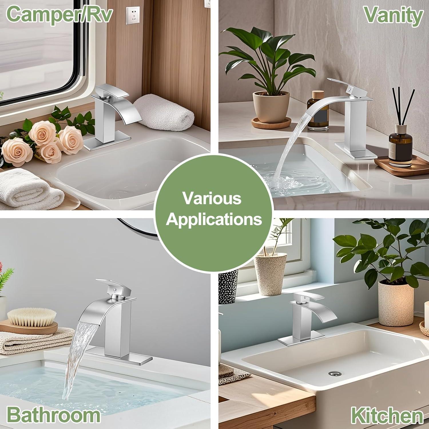 Midanya Waterfall Spout Bathroom Faucet Single Handle 1 Hole Bathroom Sink Faucet,Modern RV Lavatory Vanity Basin Tap with Water Hose,Short Body,Polish Chrome