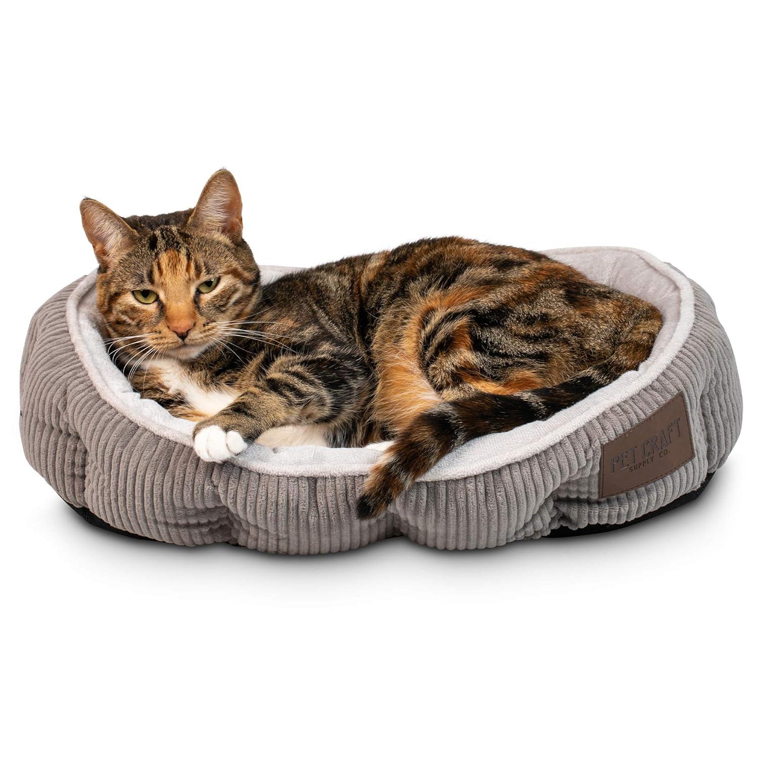 Pet Craft Supply Sleeper Self Warming Calming Cat Bed with Ultra Soft Luxury Plush & Refillable Catnip Pouch, Grey