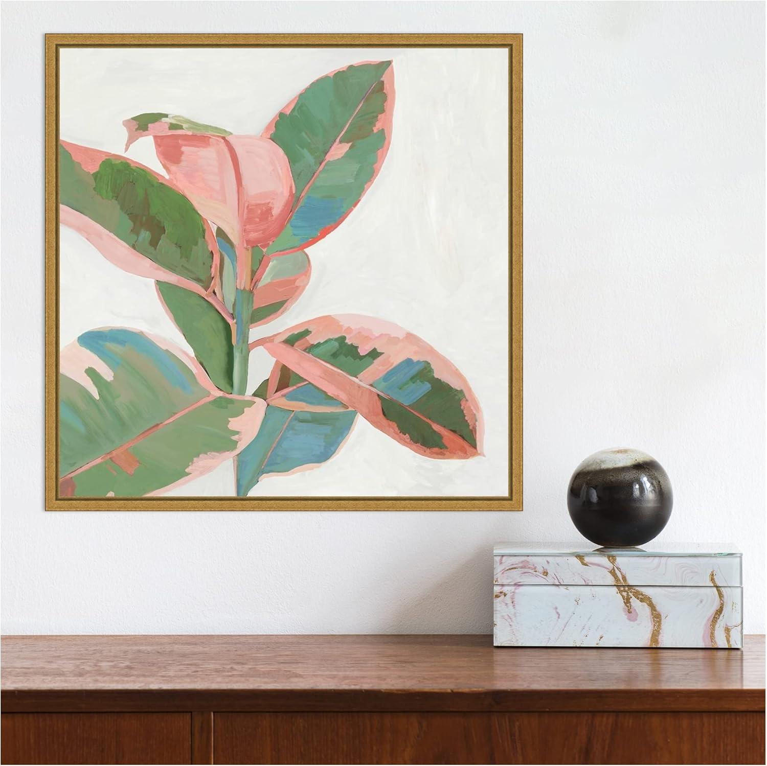 Pink and Green Ficus Canvas Print with Gold Frame