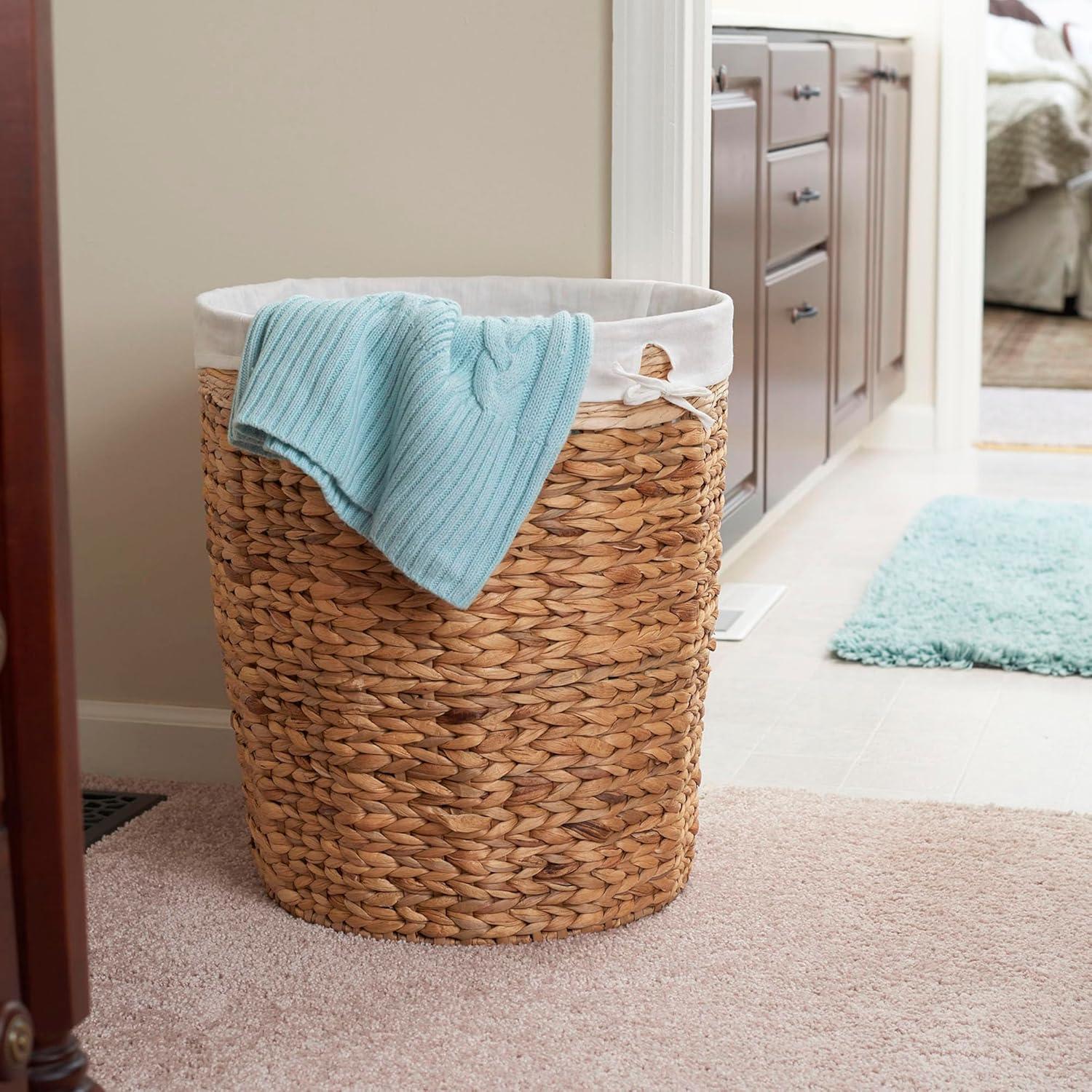 Beige Round Wicker Laundry Hamper with Liner