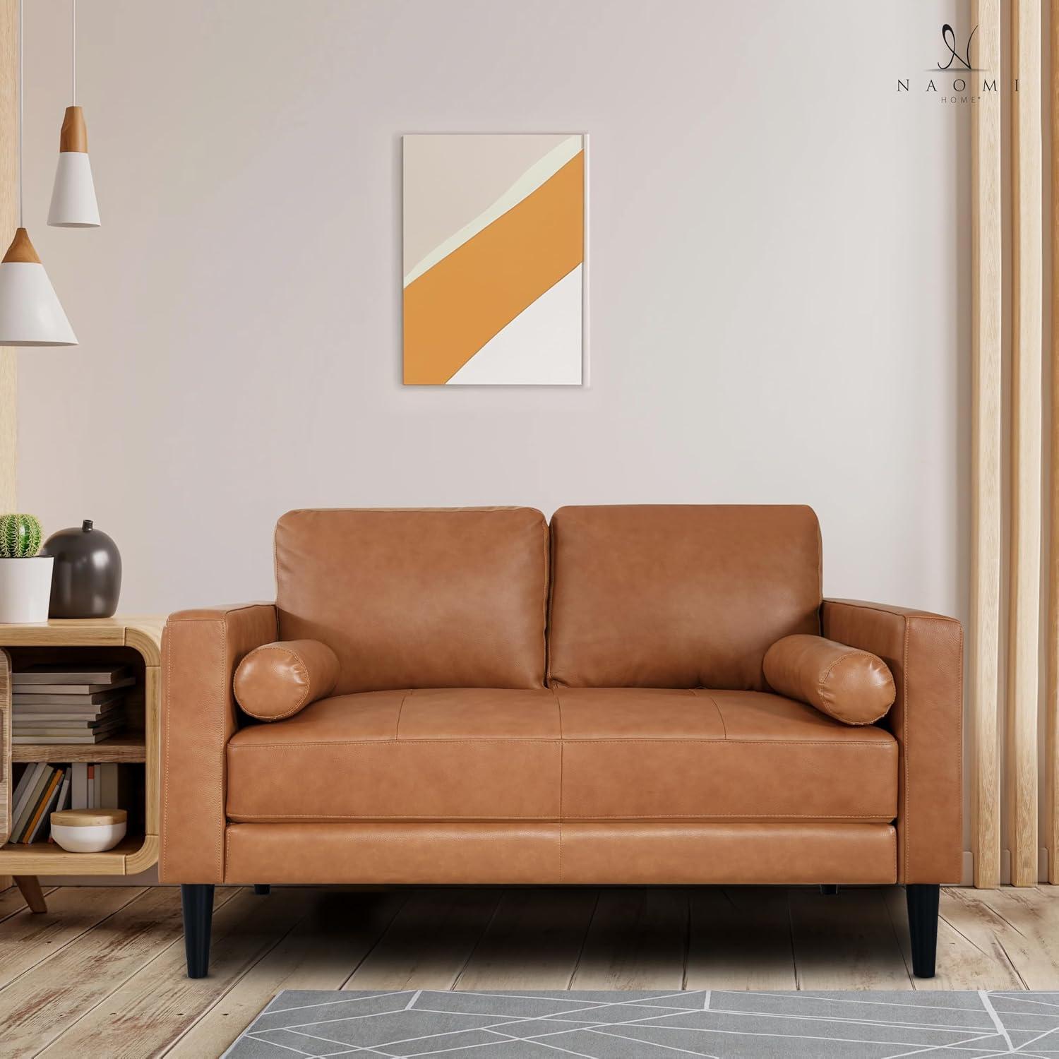 Tan Genuine Leather Tufted Loveseat with Storage and Track Arms