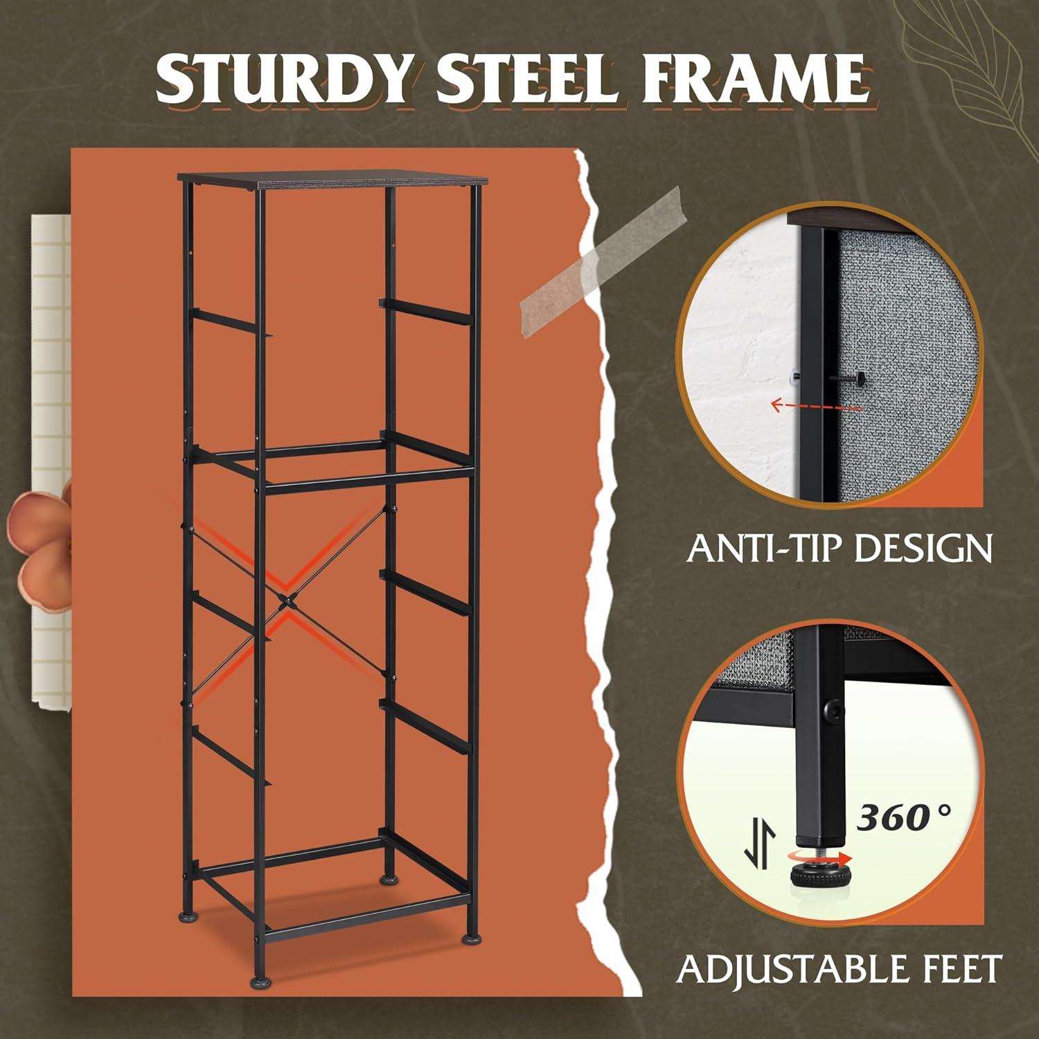 WLIVE Fabric Dresser, 5-Drawer Tall Dresser for Bedroom, Storage Dresser Organizer with Fabric Bins, Wood Top, Sturdy Steel Frame, Chest of Drawers for Closet, Hallway, Dark Grey