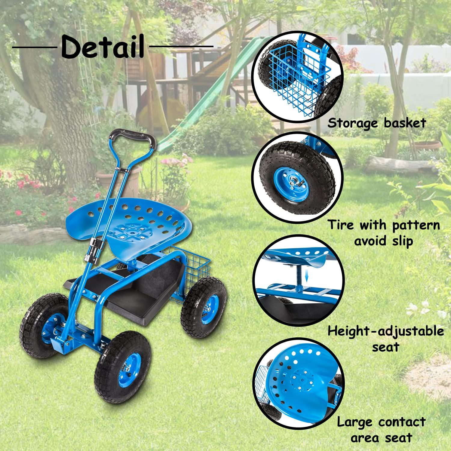 Rolling Garden Cart Scooter Stool - Garden Seat with Wheels Garden Cart with Seat, Adjustable Handle 360 Degree Swivel (Blue)