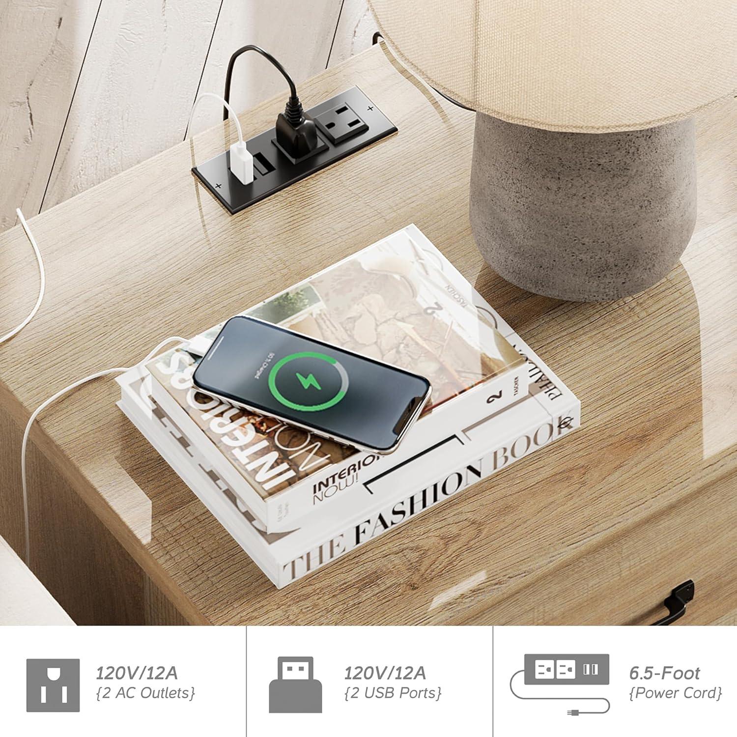 WAMPAT 3 Piece Dresser and Nightstand Sets, Farmhouse Dresser & Chest of Drawers with 6 Drawers & Metal Handle, Set of 2 Nightstands End Table with Charging Staion, 3 Piece Bedroom Set, Oak