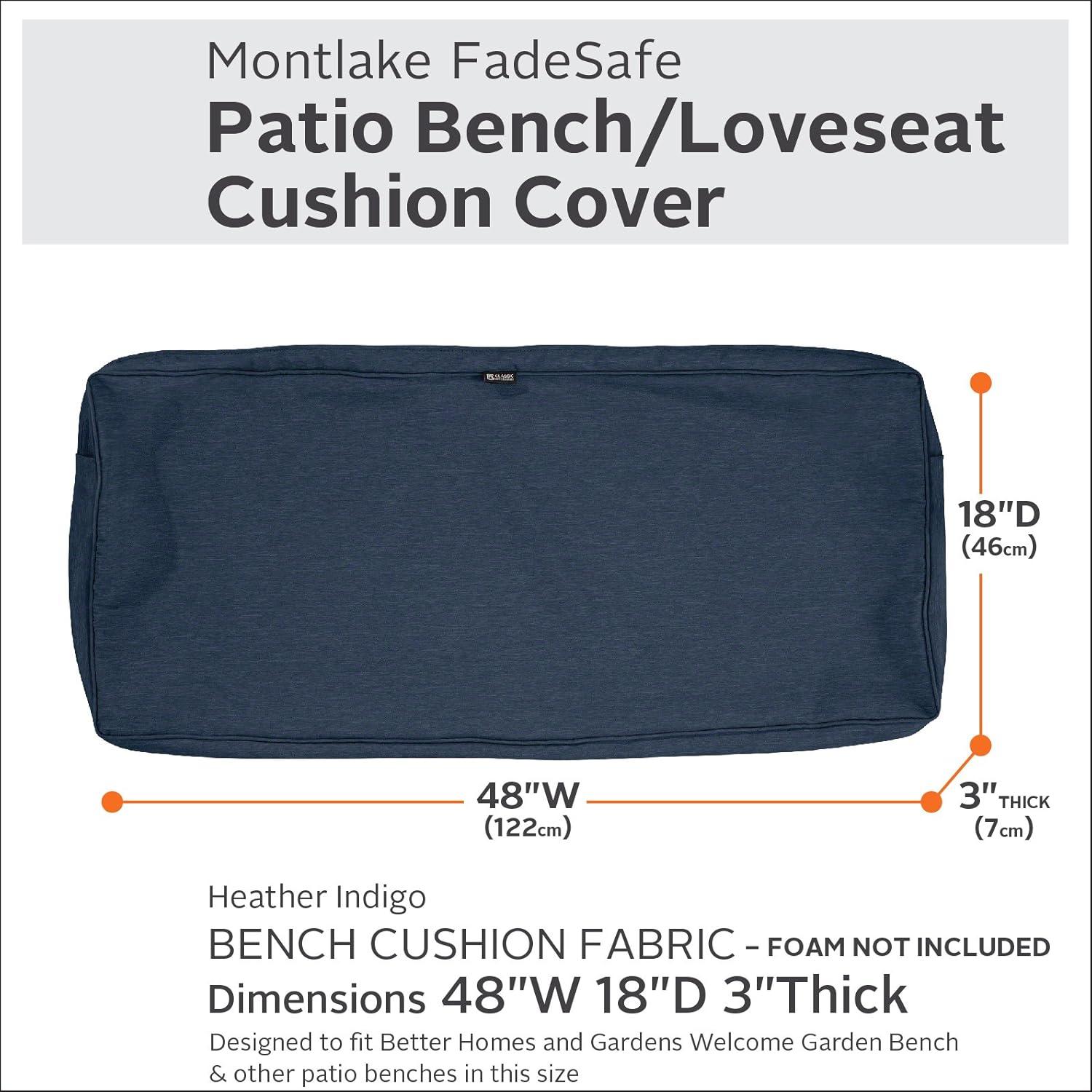 Classic Accessories Montlake FadeSafe Water-Resistant Patio Bench/Loveseat Cushion Cover, 48 x 18 x 3 inch, Heather Indigo