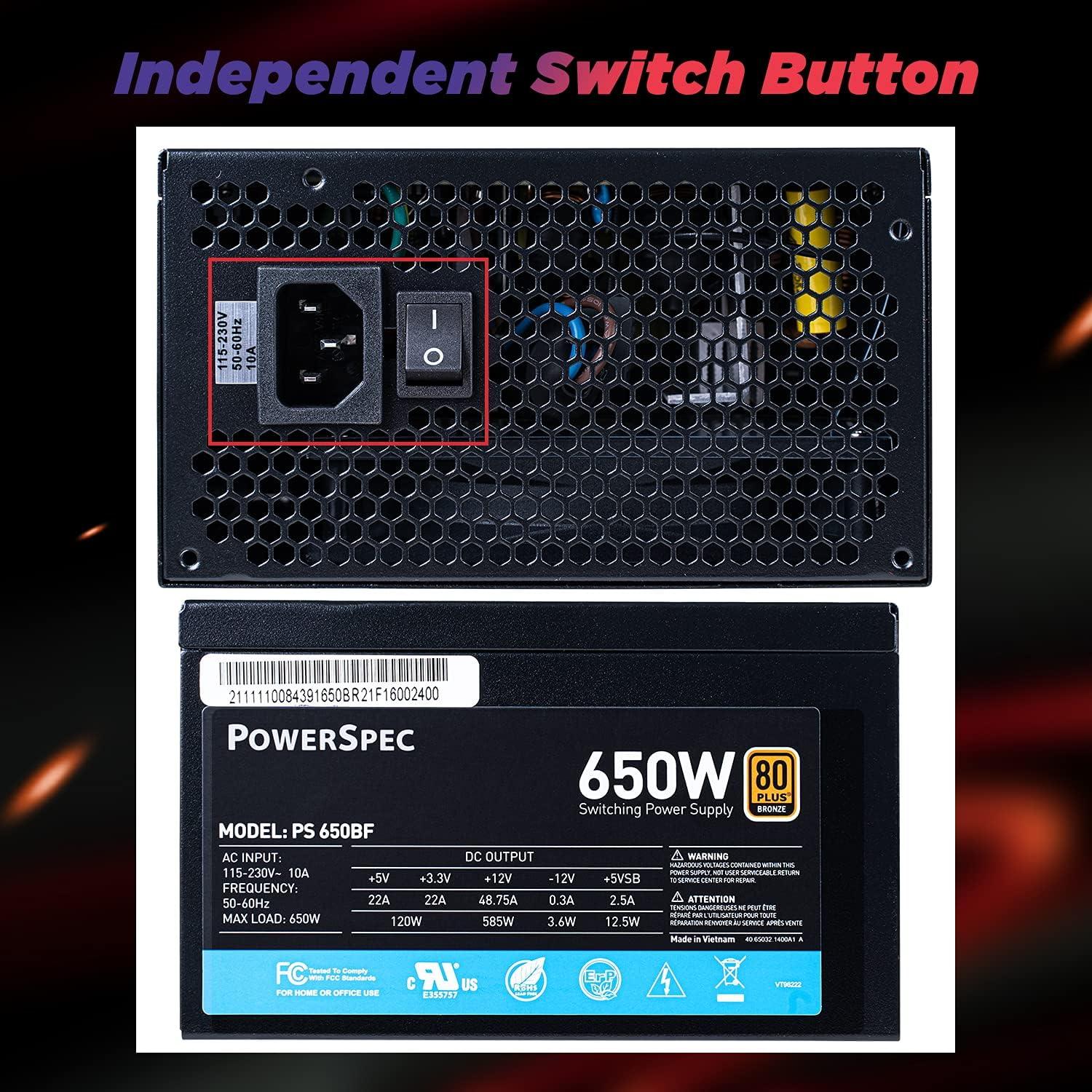 PowerSpec 650W Power Supply Semi Modular 80 Plus Bronze Certified ATX PSU Active PFC SLI Crossfire Ready Gaming PC Computer Power Supplies, PS 650BSM(White Edition)