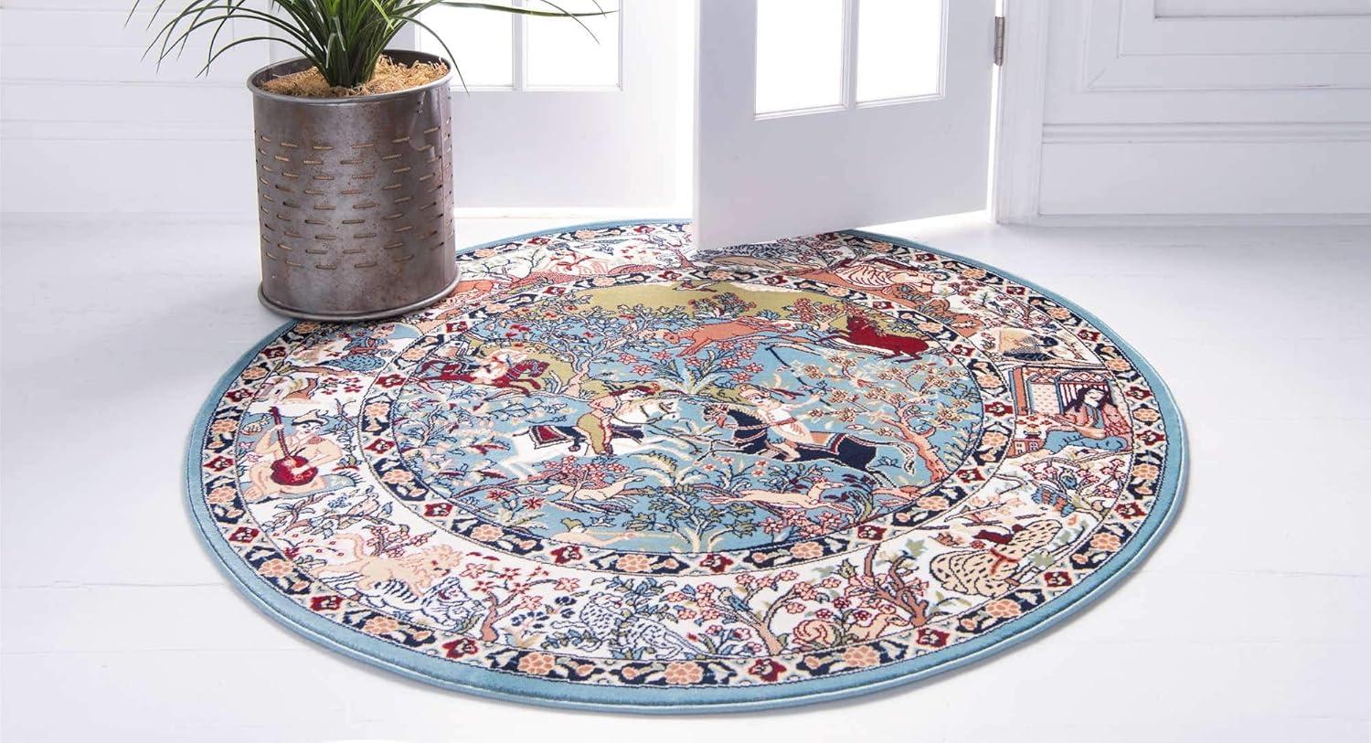 Elegant Blue Floral Round Synthetic Indoor Rug - 5' Diameter