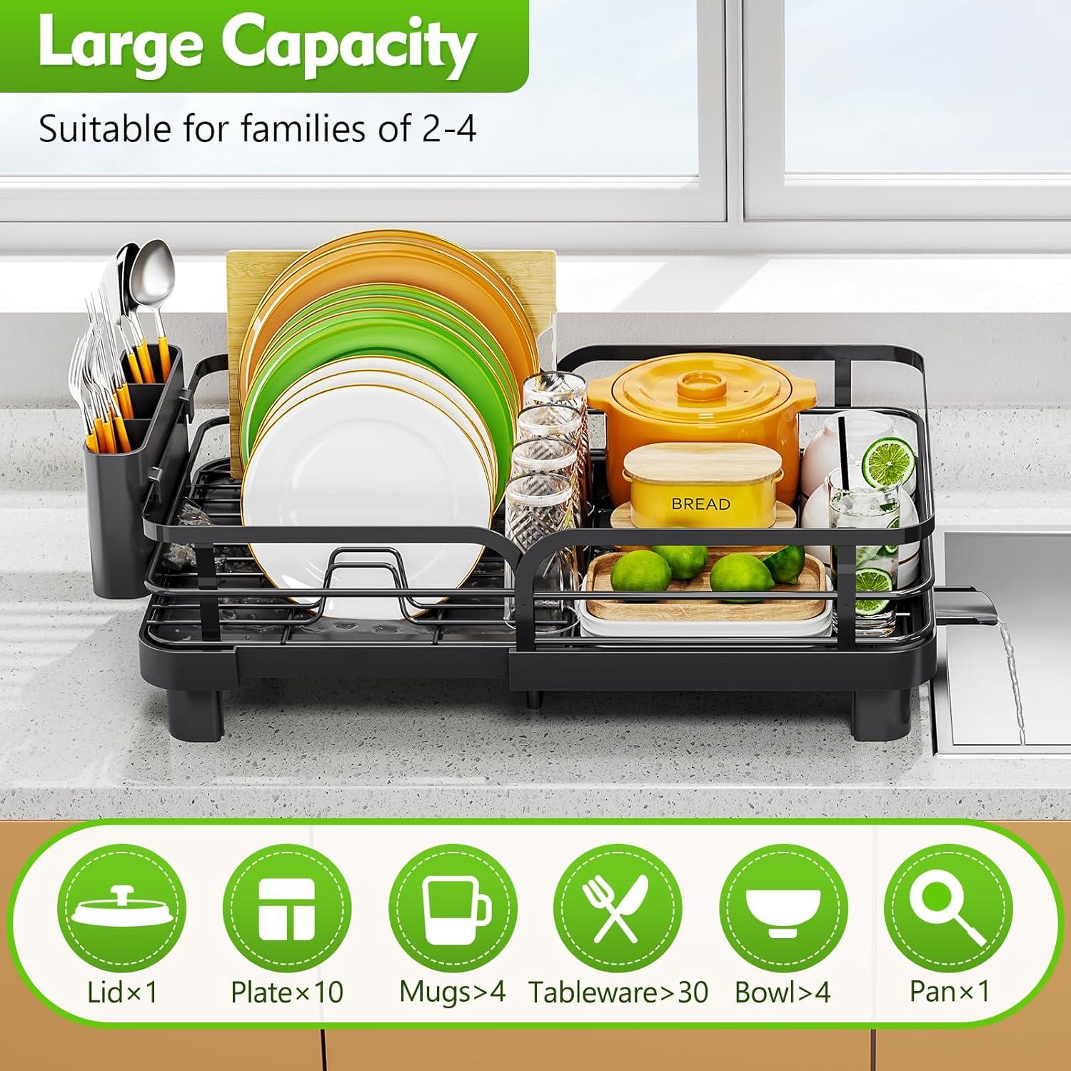 Anadea Expandable Dish Rack For Kitchen Counter, Large Dish Drainer, Stainless Steel Drying Dish Rack With Utensil Holder