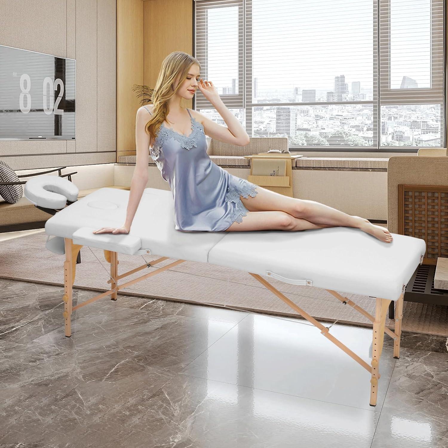 MoNiBloom Portable Massage Table Spa Bed, 24.5" to 33.5" Height Adjustable Two Fold Massage Bed / Facial Salon Tattoo Bed with Carry Bag for Beauty Salon and Family, Beechwood, White