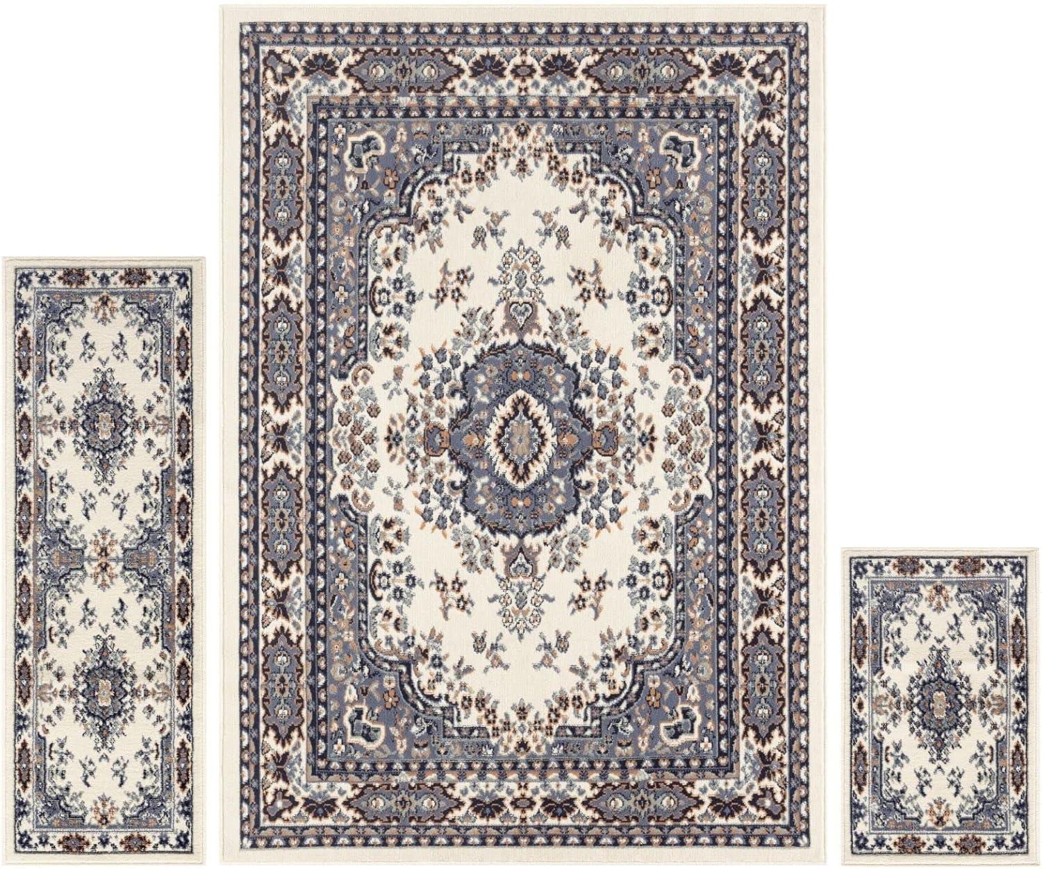 Home Dynamix Ariana Ksara Traditional Medallion Border Area Rug, Ivory/Blue, 3-Piece Set