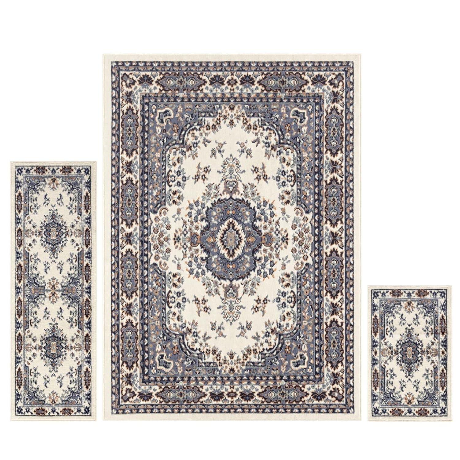 Home Dynamix Ariana Ksara Traditional Medallion Border Area Rug, Ivory/Blue, 3-Piece Set