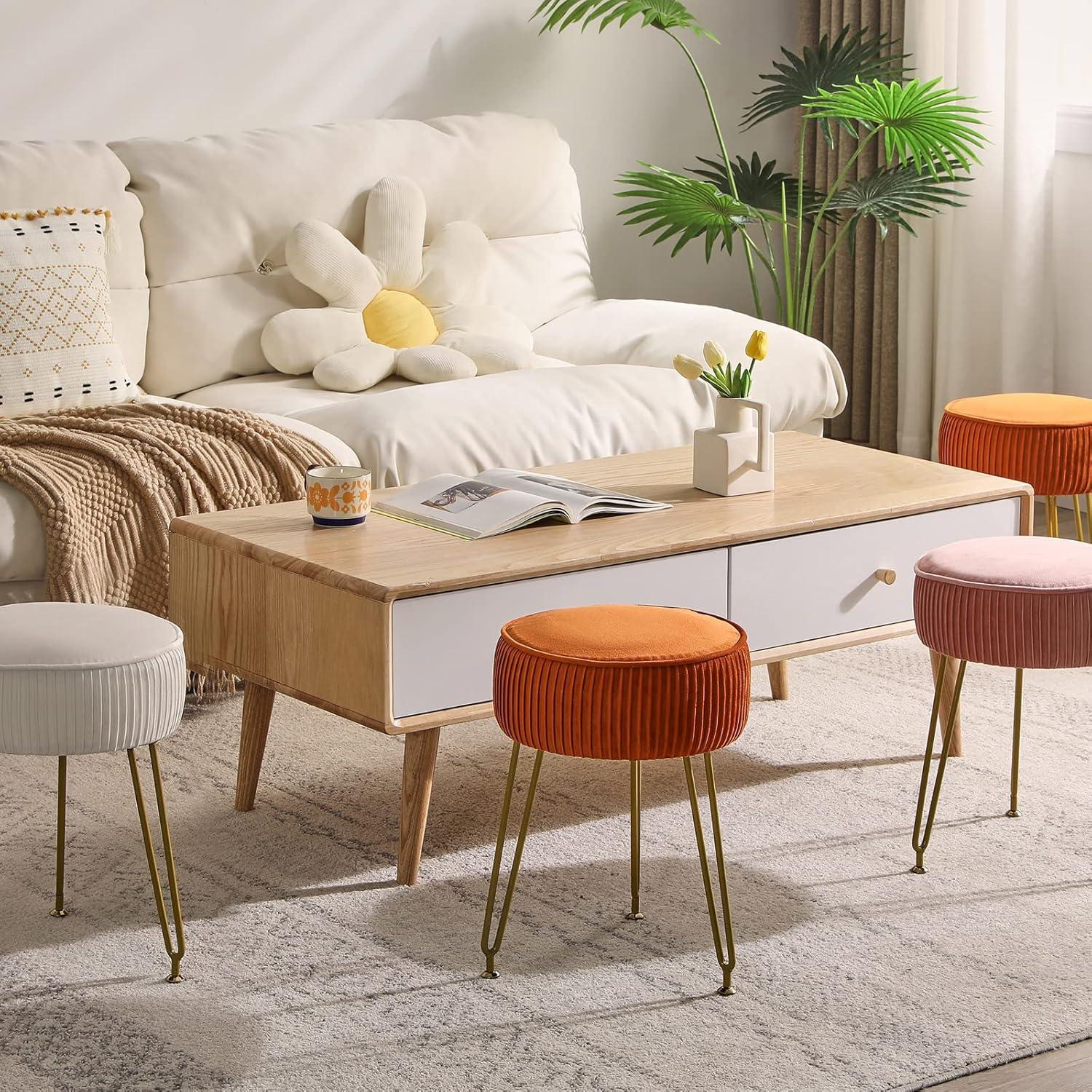 Orange Velvet Round Ottoman with Golden Steel Legs