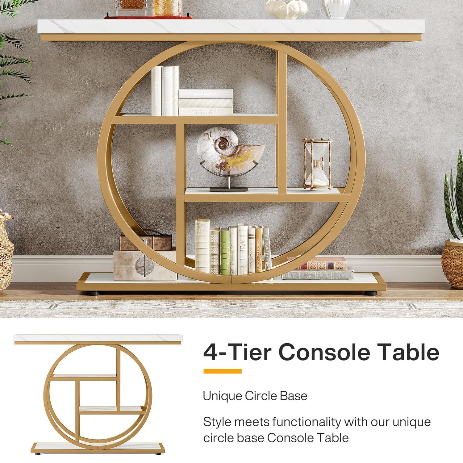 Tribesigns 41.3" Console Table, Industrial 4-Tier Sofa Entryway Table with Circle Base, Narrow Wood Accent Tables with Storage Shelves for Living Room, Hallway, Foyer, White Gold