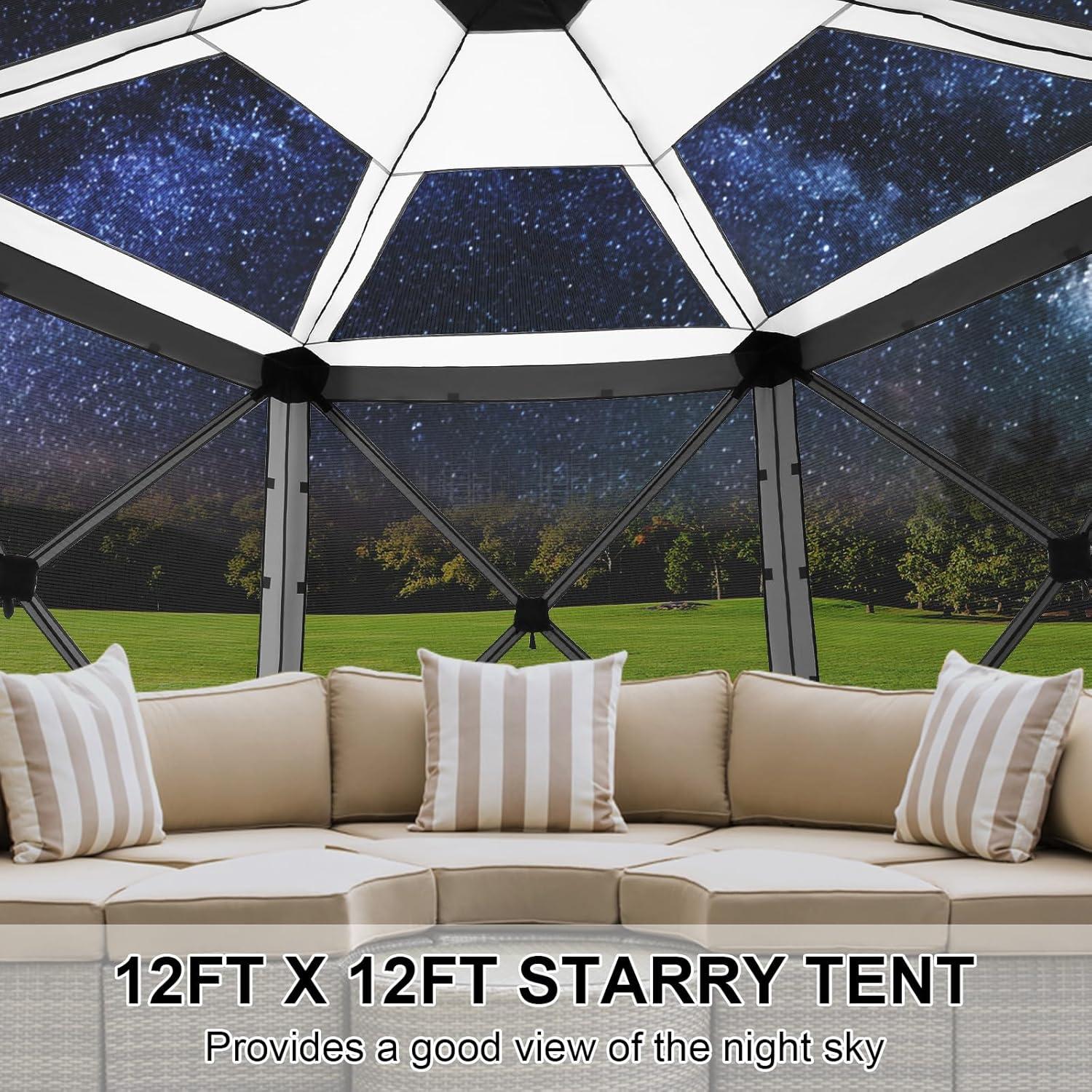 COBIZI Pop up Gazebo Screen Tent Screen House for Camping,12x12 Starry Sky Gazebo with Removable Roof, Outdoor Screened Gazebo with Sidewalls, Portable Hub Tent with Carry Bag and Ground Stakes,Gray