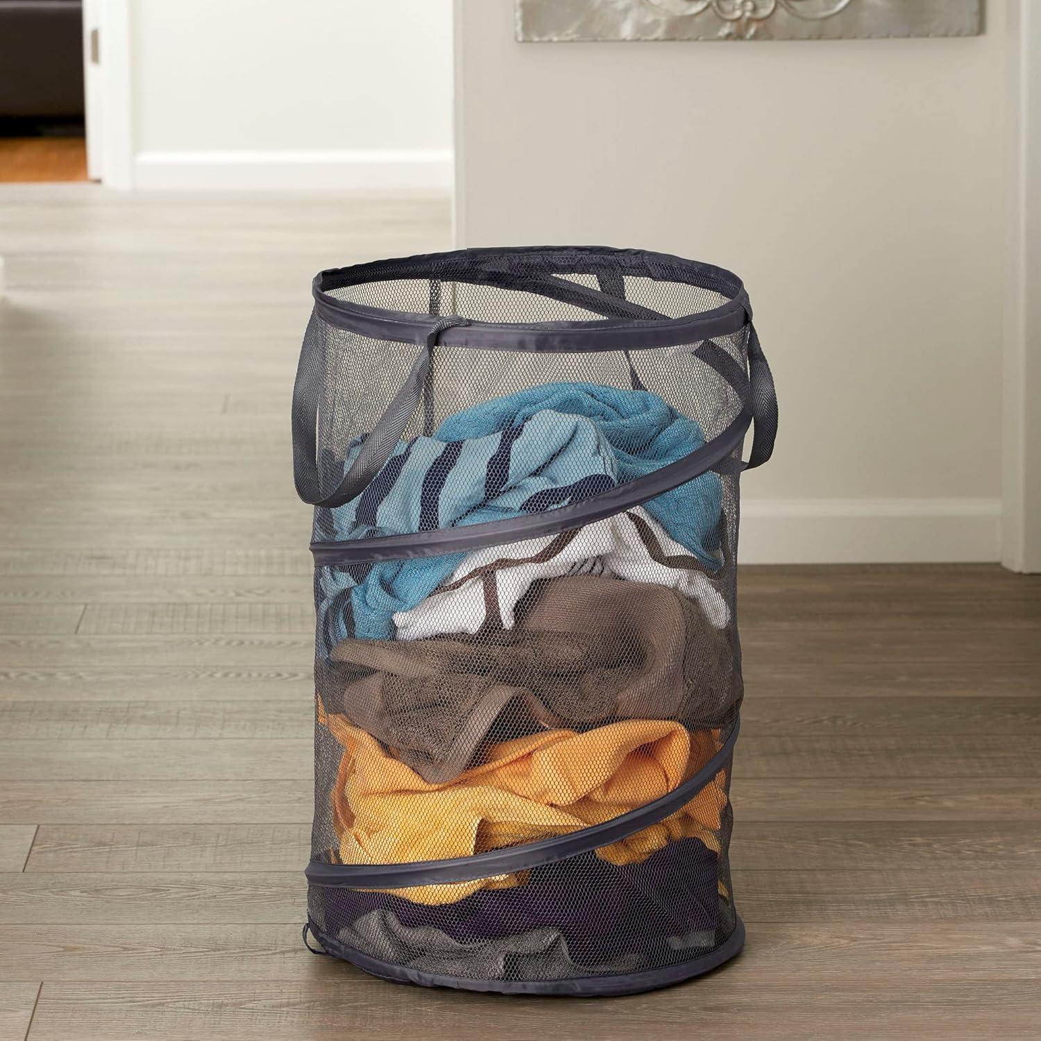 Household Essentials Pop-Up Mesh Laundry Hamper, Springform Steel Frame, Mesh Lining for Air Circulation, Large Capacity, Easy Set-Up, Compact Storage, Charcoal