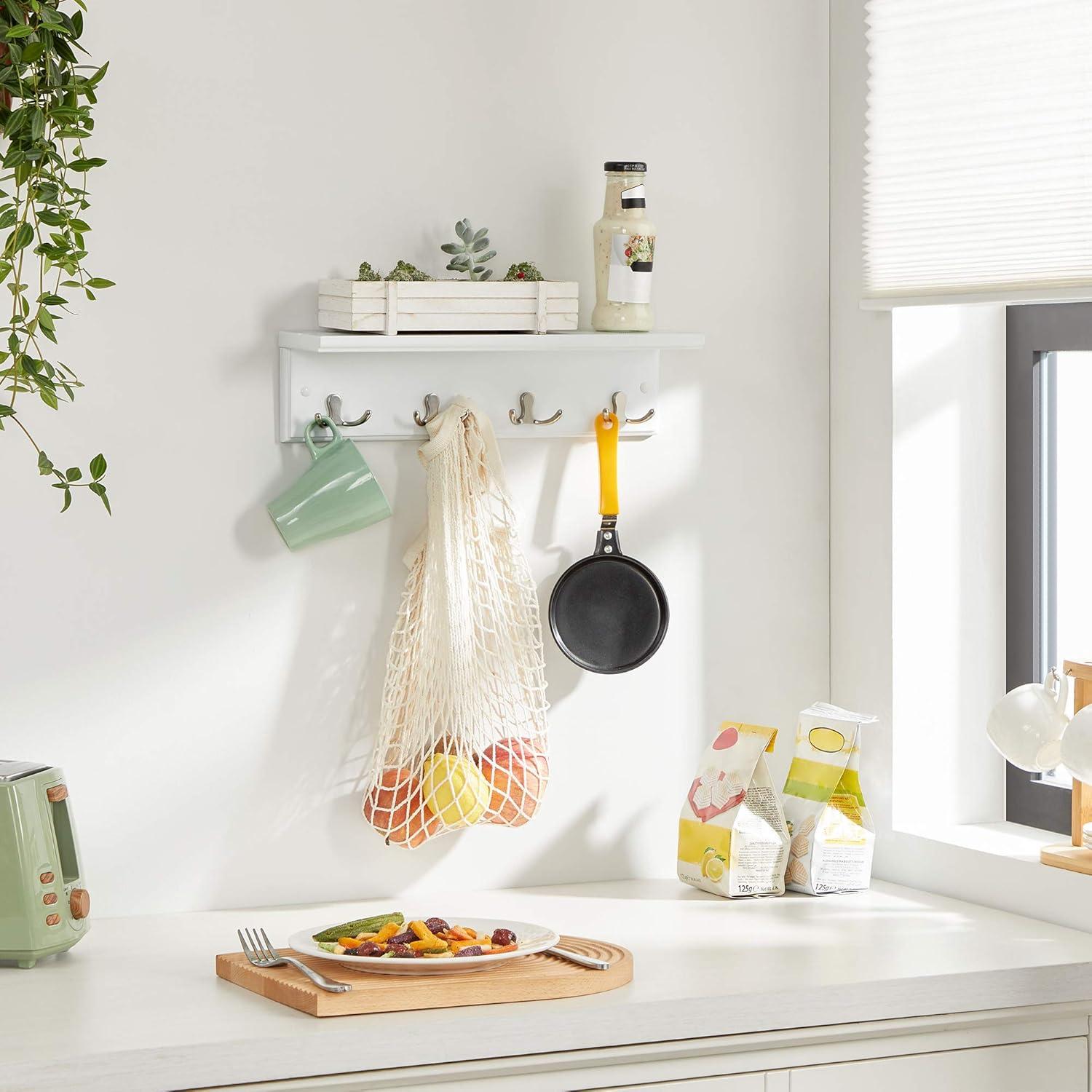 White MDF Wall-Mounted Coat Rack with Shelf and Metal Hooks