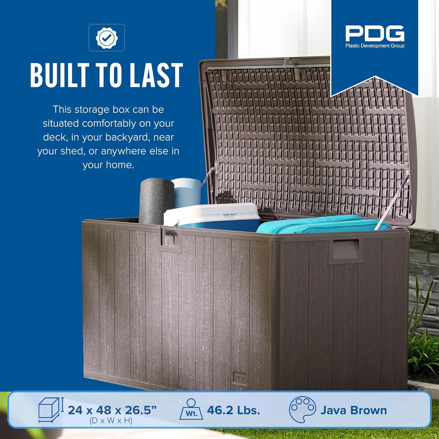 Plastic Development Group 105-Gallon Weather-Resistant Plastic Resin Outdoor Patio Storage Deck Box with Soft-Close Lid, Java Brown