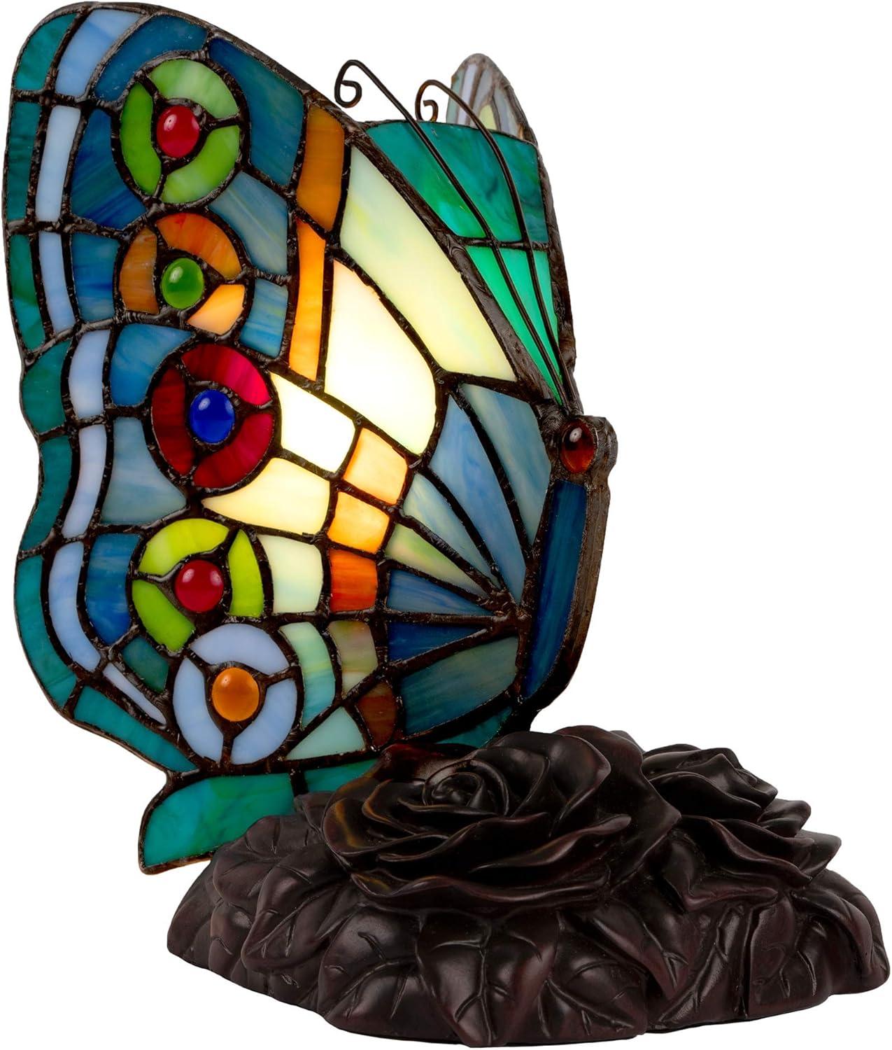 Home Tiffany Style Butterfly Lamp-Stained Glass Table or Desk Light LED Bulb Included-Vintage Look Colorful Accent Decor by Lavish (Rounded Wings)