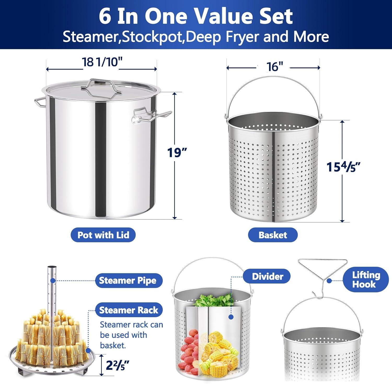 ARC USA 84QT 21 Gallon Stainless Steel Stock Pot Tamale Steamer Crawfish Seafood Turkey Fryer Pot All in One Function with Strainer Basket, Lid,Steamer Divider and Hook