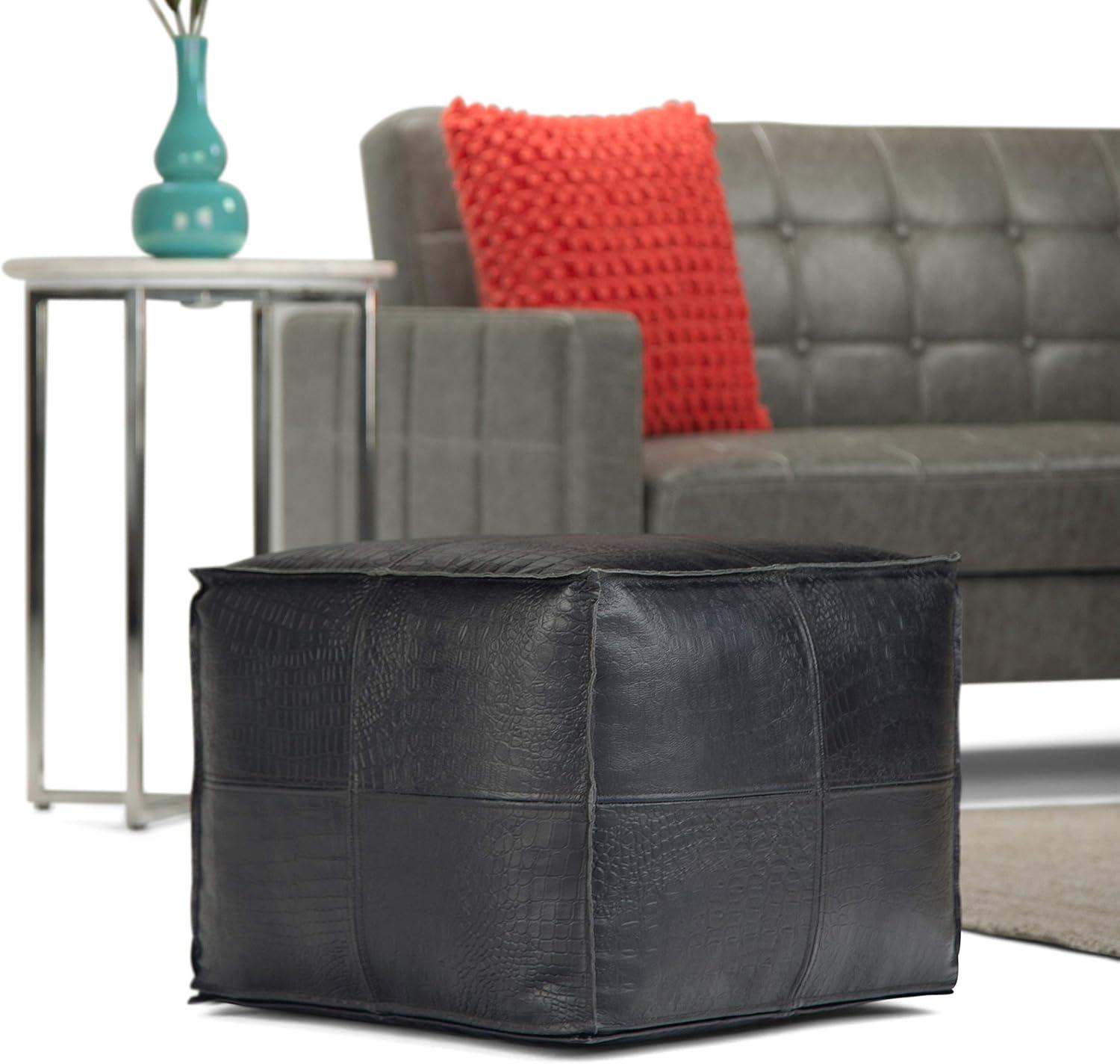 Bowen Boho Square Pouf in Black Genuine Leather