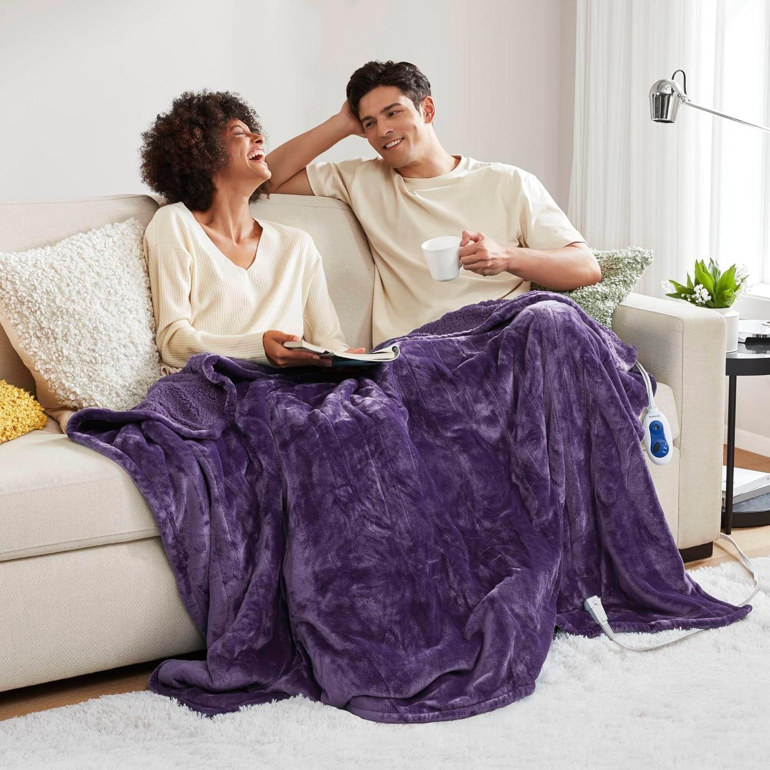 60"x70" Electric Heated Microlight to Berber Throw Blanket Purple: Beautyrest, Lightweight, Machine Washable