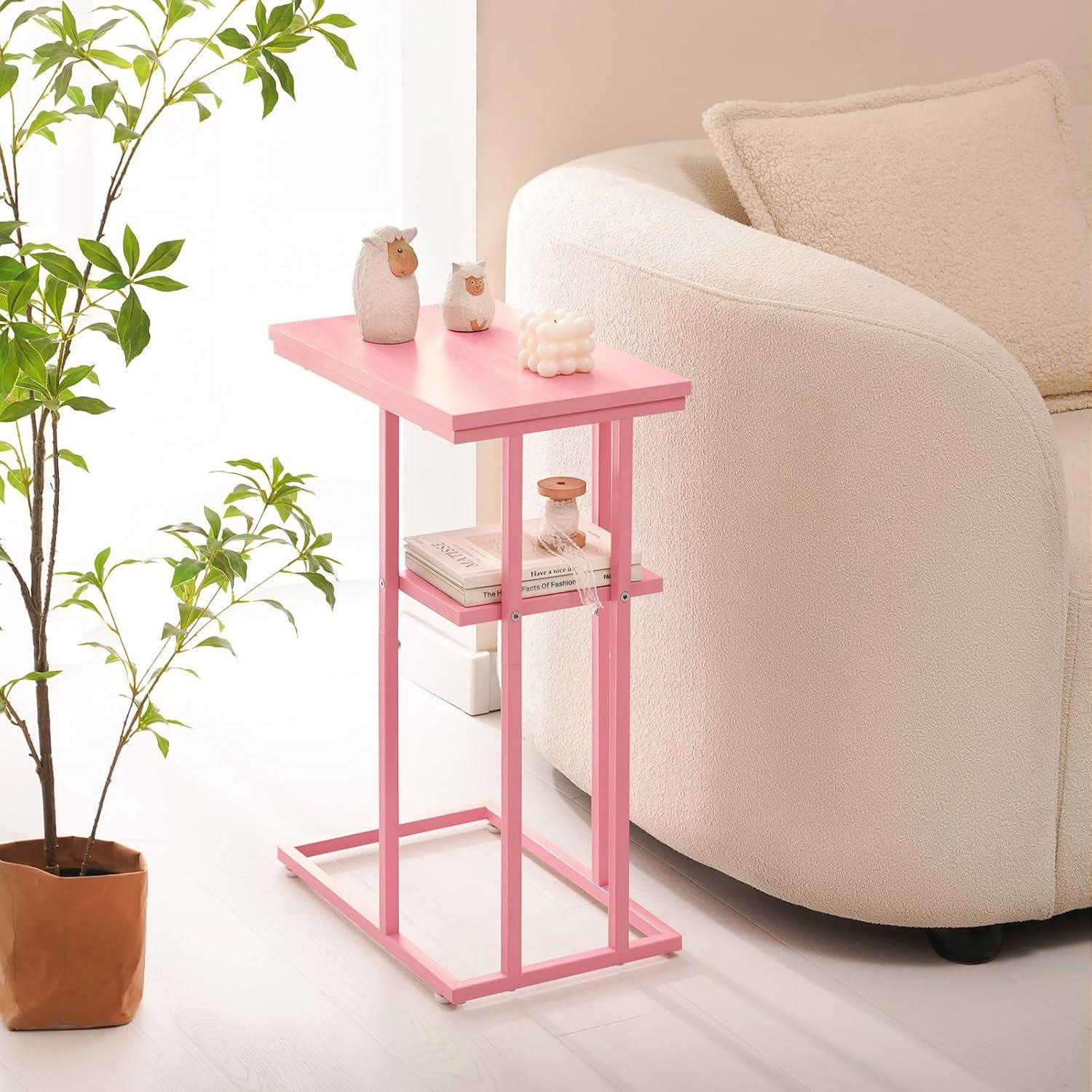 Pink C-Shaped Rustic End Table for Small Spaces