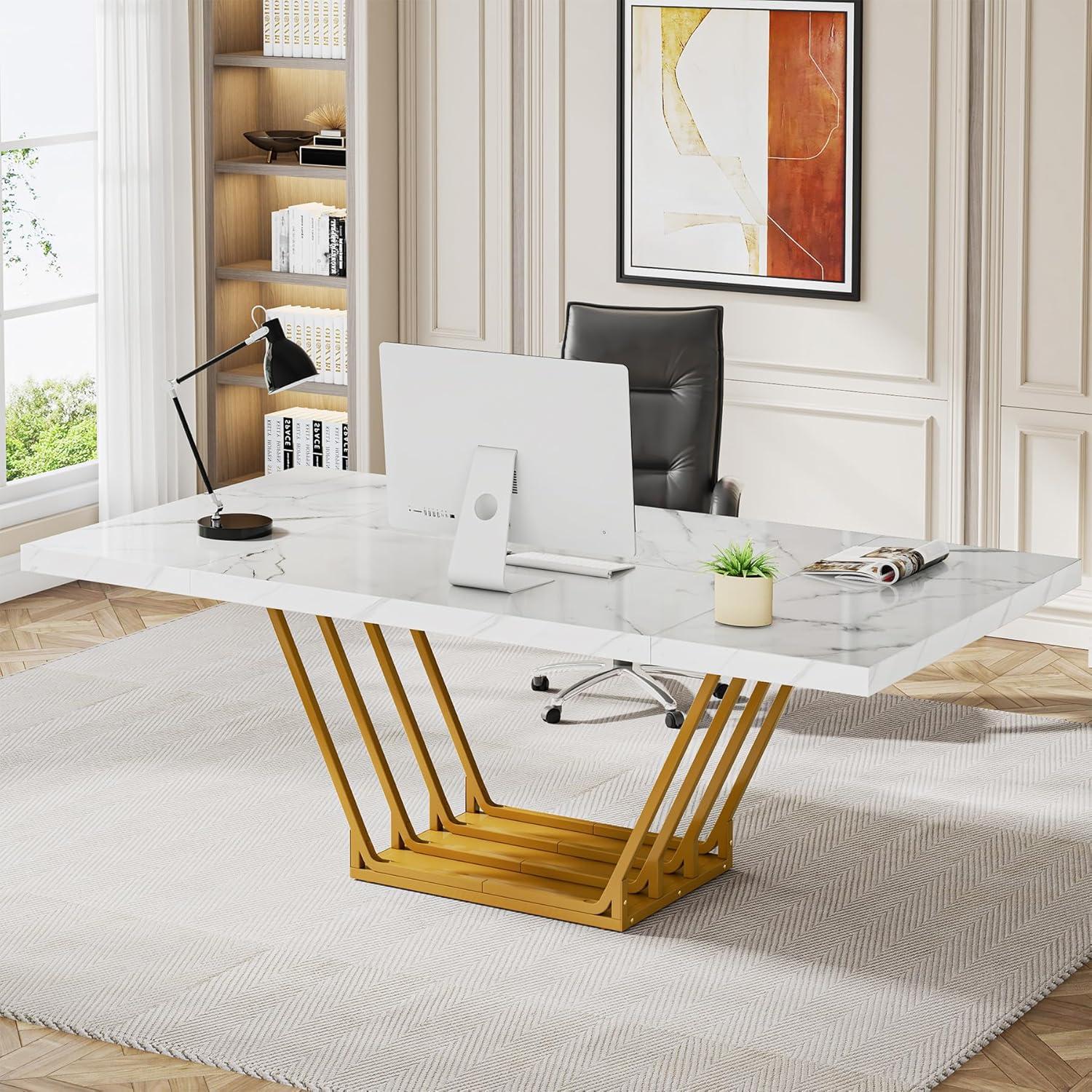 Tribesigns 63 inch Modern Office Desk, Large Executive Desk Computer Desk with Gold Metal Frame, White & Gold