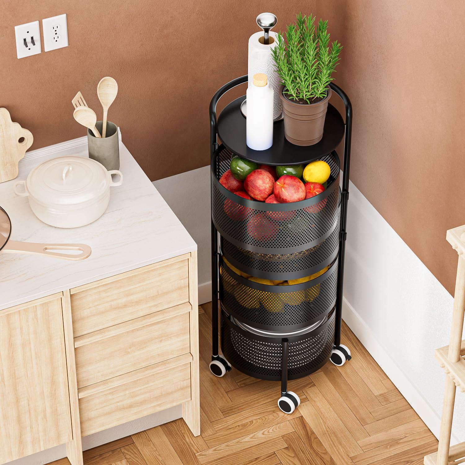 Rotating Kitchen Storage Rack No Assembly, 4-Tier Metal Storage Tower Basket Shelves Organizer on Rolling Wheels with Removal Drawers for Fruit Vegetable Grocery Corns Potato Onion (4-Tier, Black)