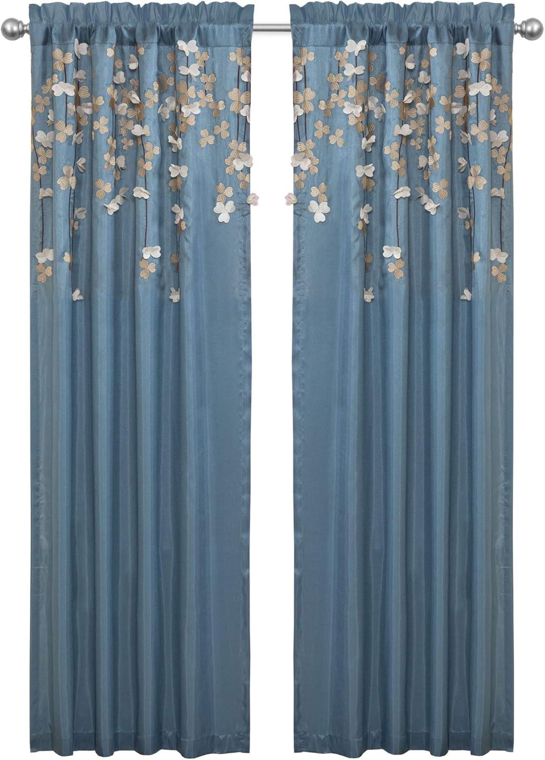 Blue Ivory Faux Silk Light-Filtering Floral Window Curtain