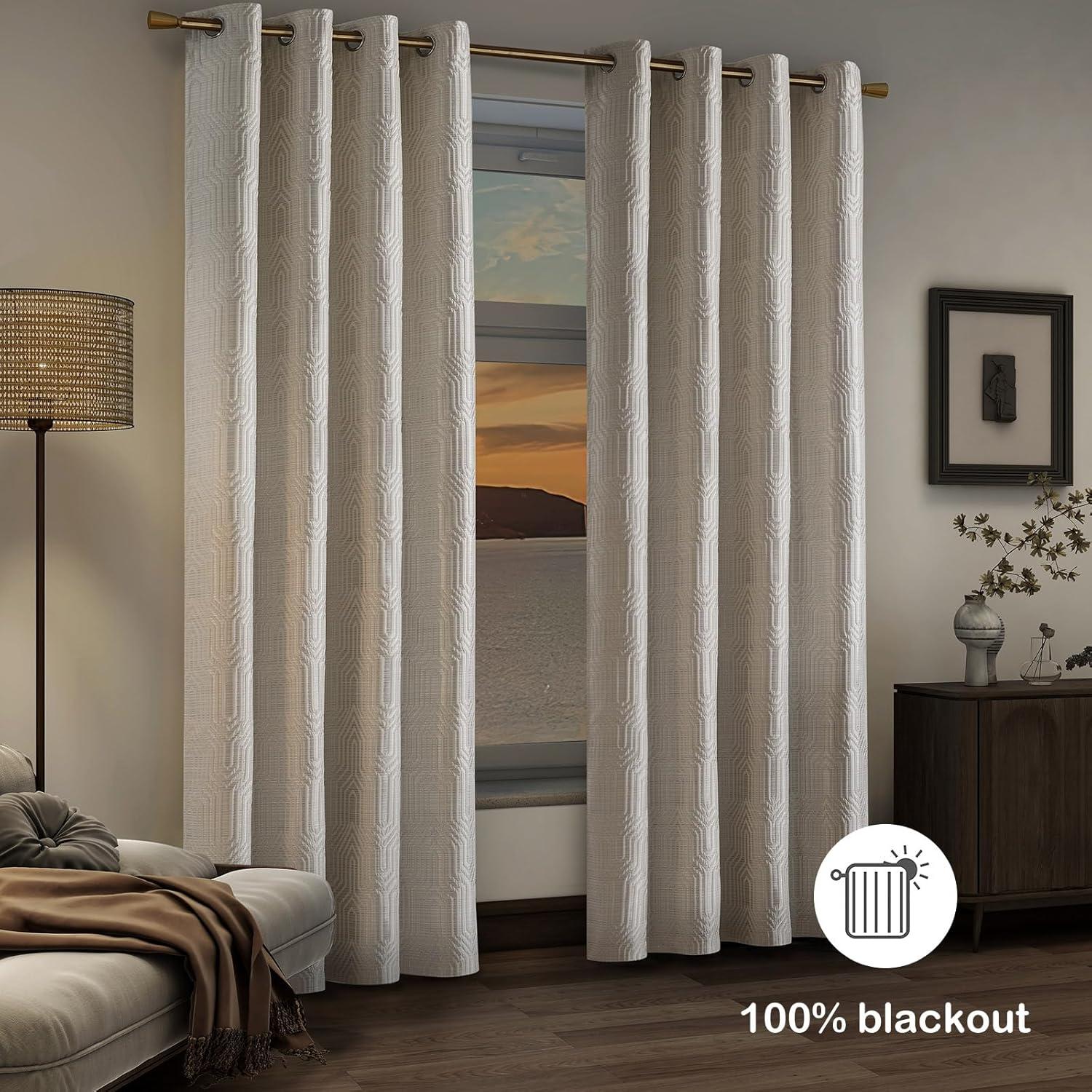 Beige and Silvery 100% Blackout Jacquard Geometric Pattern Curtains,52 Inch Wide 96 Inches Long 2 Panels, Thermal Insulated Noise Reducing Anti-Rust Grommet Drapes for Bedroom Living Room, Cream