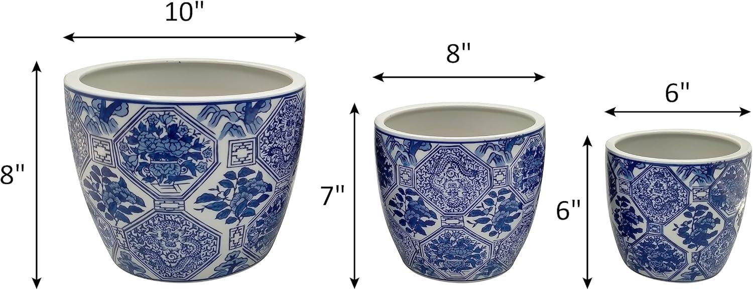 Sagebrook Home 3pc Chinoiserie Ceramic Indoor Outdoor Planter Pots Blue/White: Rust-Resistant, Hand-Painted, No Drainage Holes