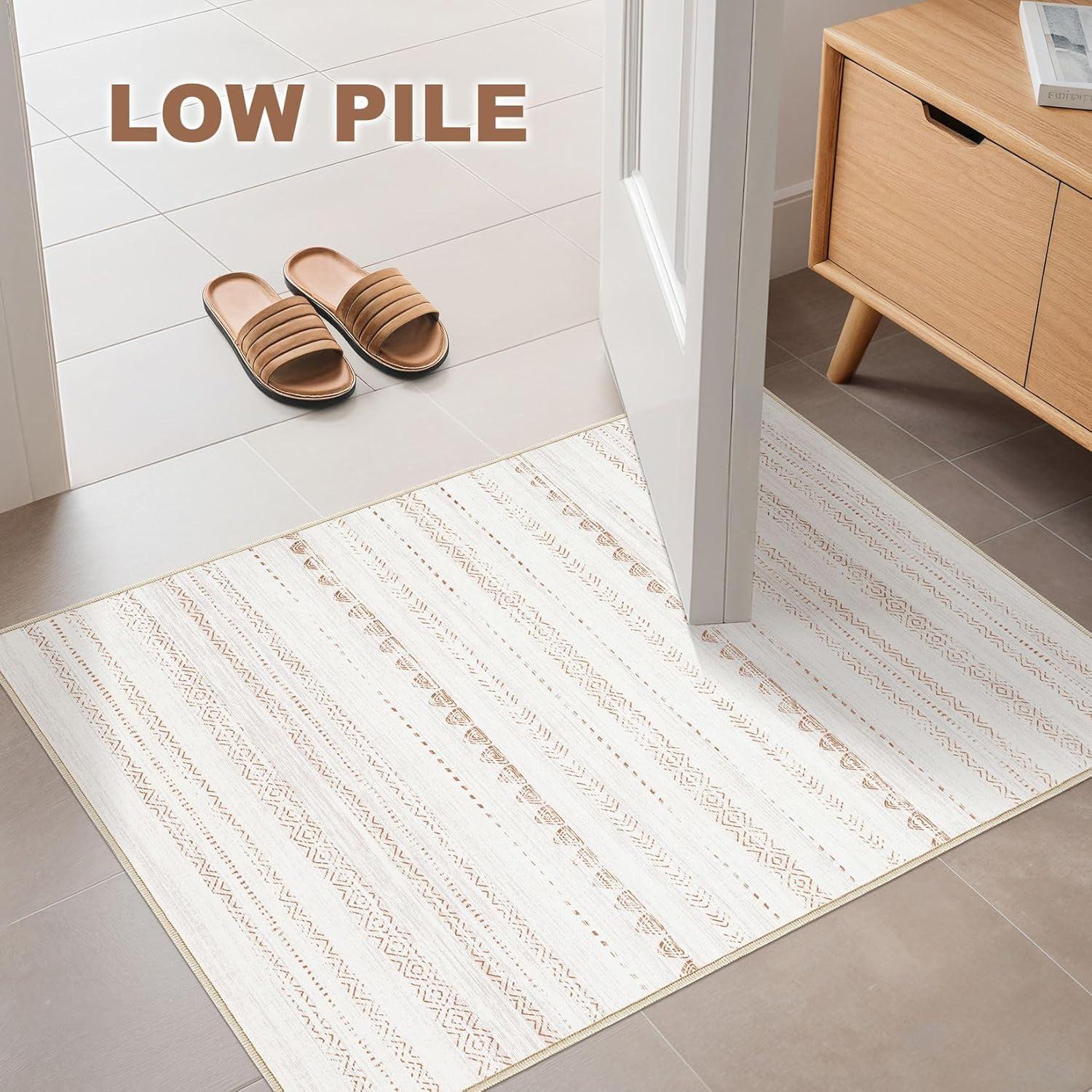 Nakagishi 2X3 Rug Washable Area Rug: Small Soft Boho Farmhouse Neutral Moroccan Non Slip Indoor Low Pile Accent Floor Throw Carpet for Bedroom Bathroom Entryway Kitchen Hallway Closet Home- Brown