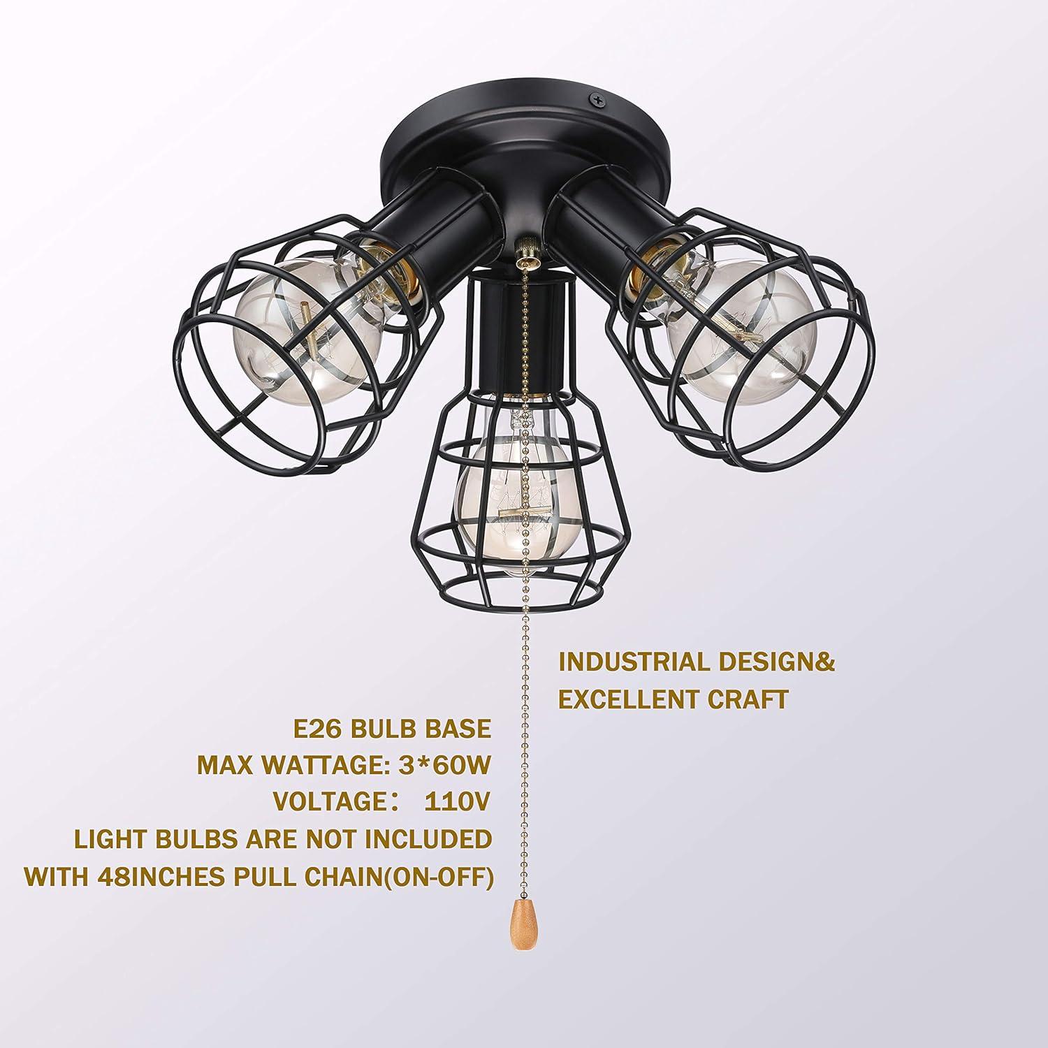 Industrial Flush Mount Ceiling Light, 15" Black 3-Light Fixture with Cage Shade & Pull Chain